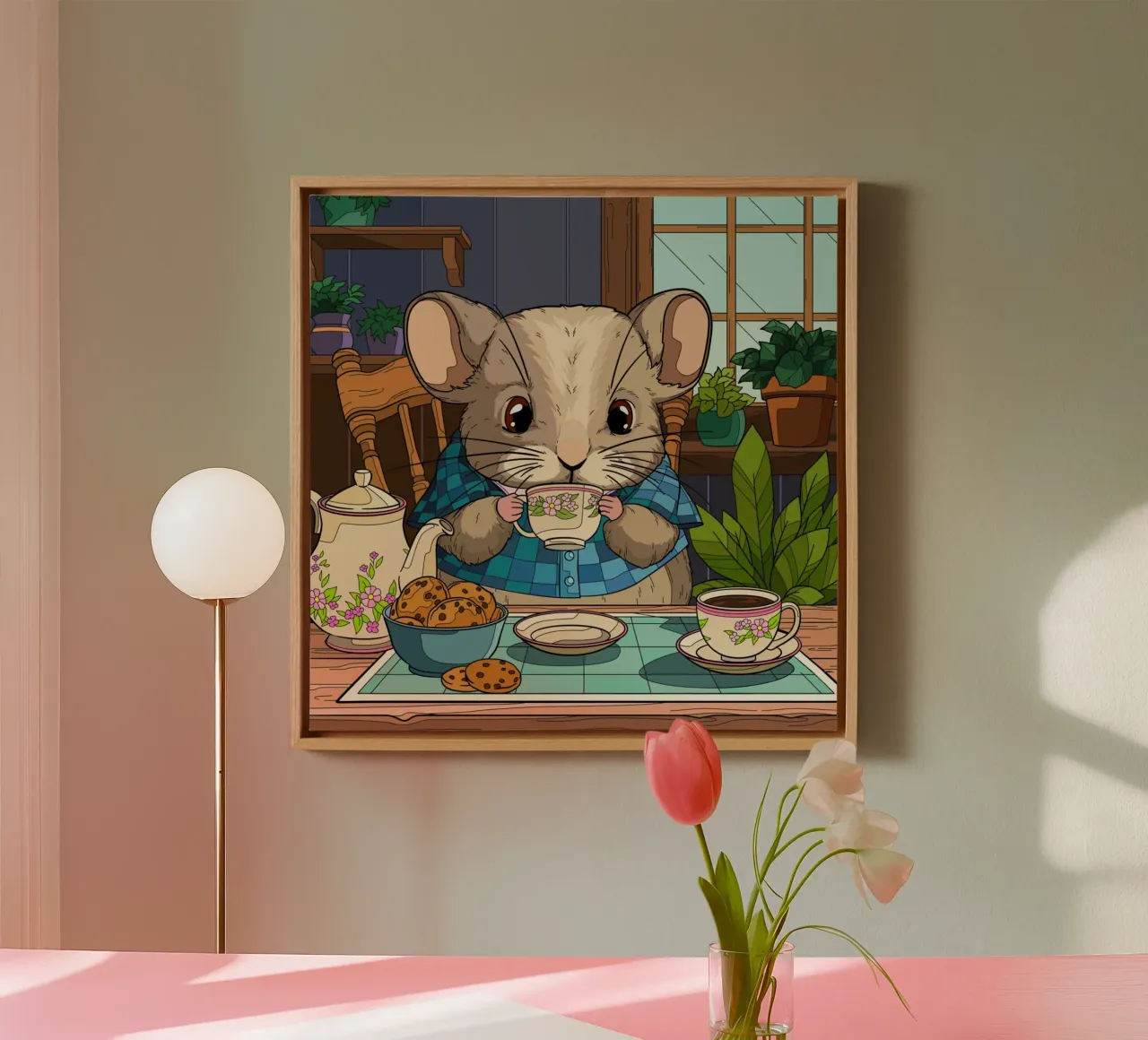 Tea Time Mouse canvas with Floater frame by Fanya Art