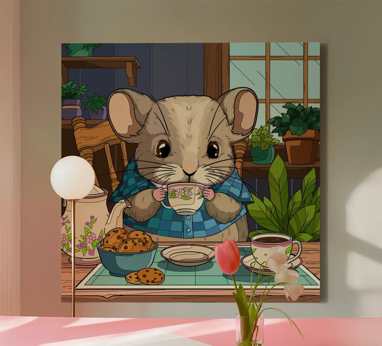 Tea Time Mouse canvas with Floater frame by Fanya Art