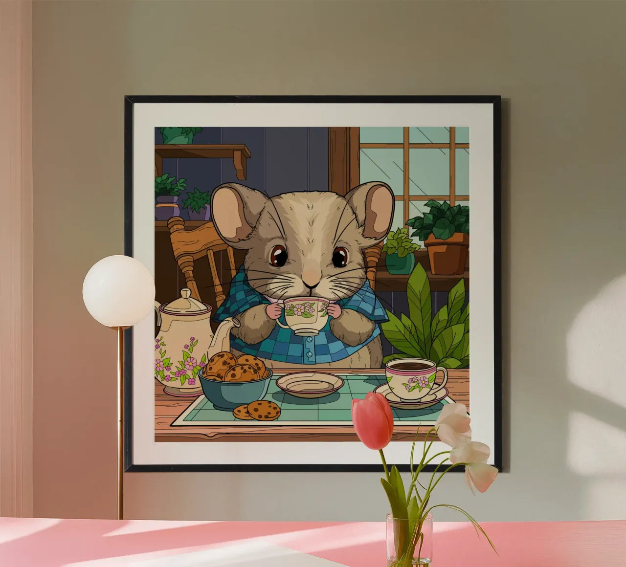Topo dell'ora del tè poster con telaio in alluminio da Fanya Art