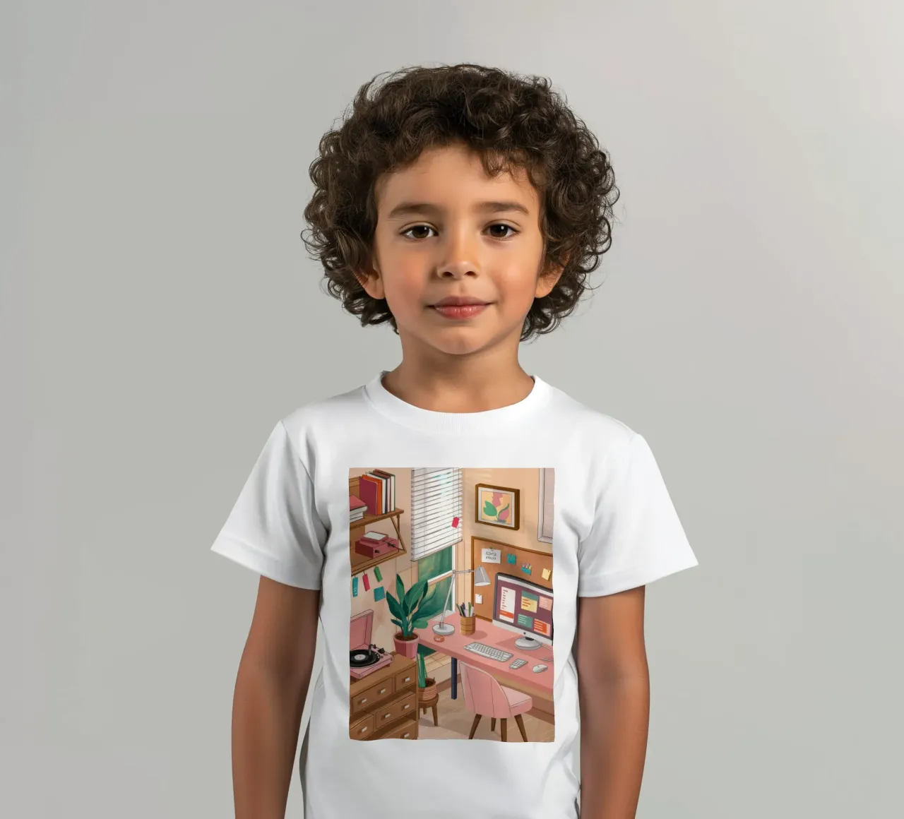 Pink Desk Workspace kids t-shirt by Marigold Tiga