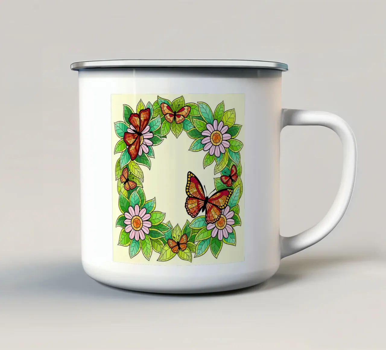 Vlindertuin emaille mok van Fanya Art