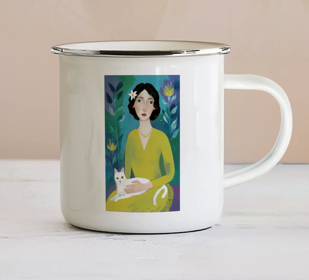 Abito giallo Gatto bianco tazza in smalto da Marigold Tiga
