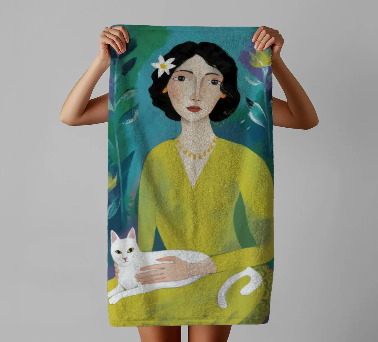 Robe jaune Chat blanc serviette de bain de Marigold Tiga