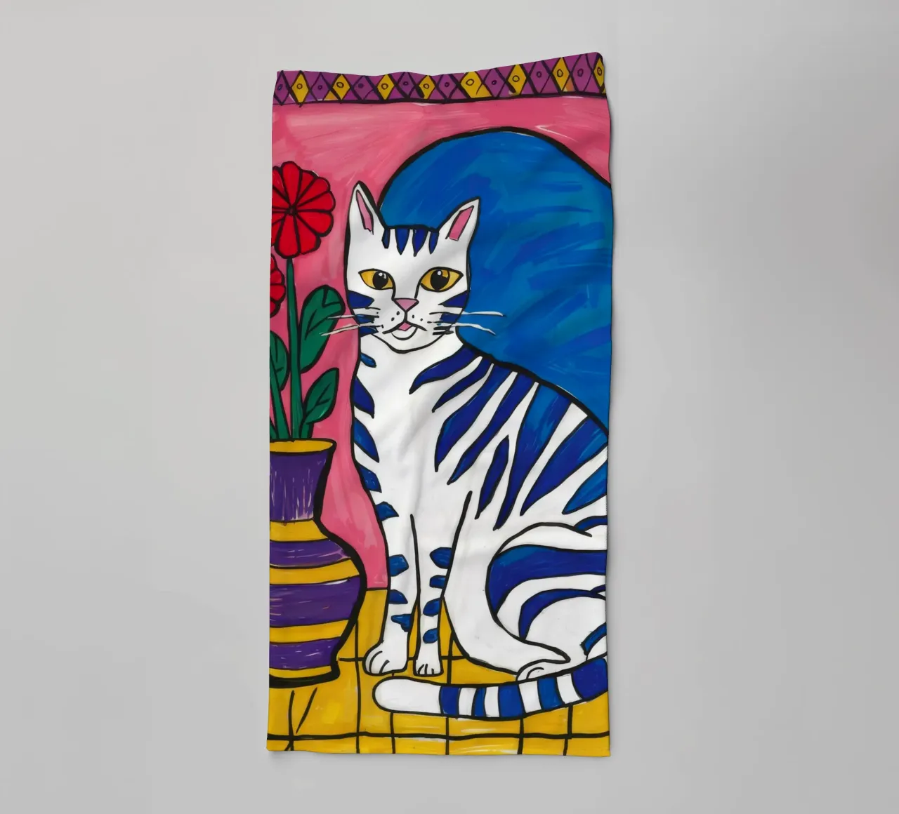 Gatto a righe Vaso blu asciugamano da bagno da Stone Decade