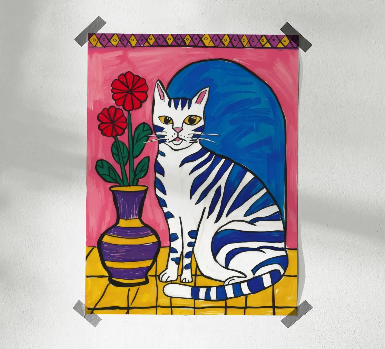 Gestreifte Katze Blaue Vase Hahnemühle von Stone Decade