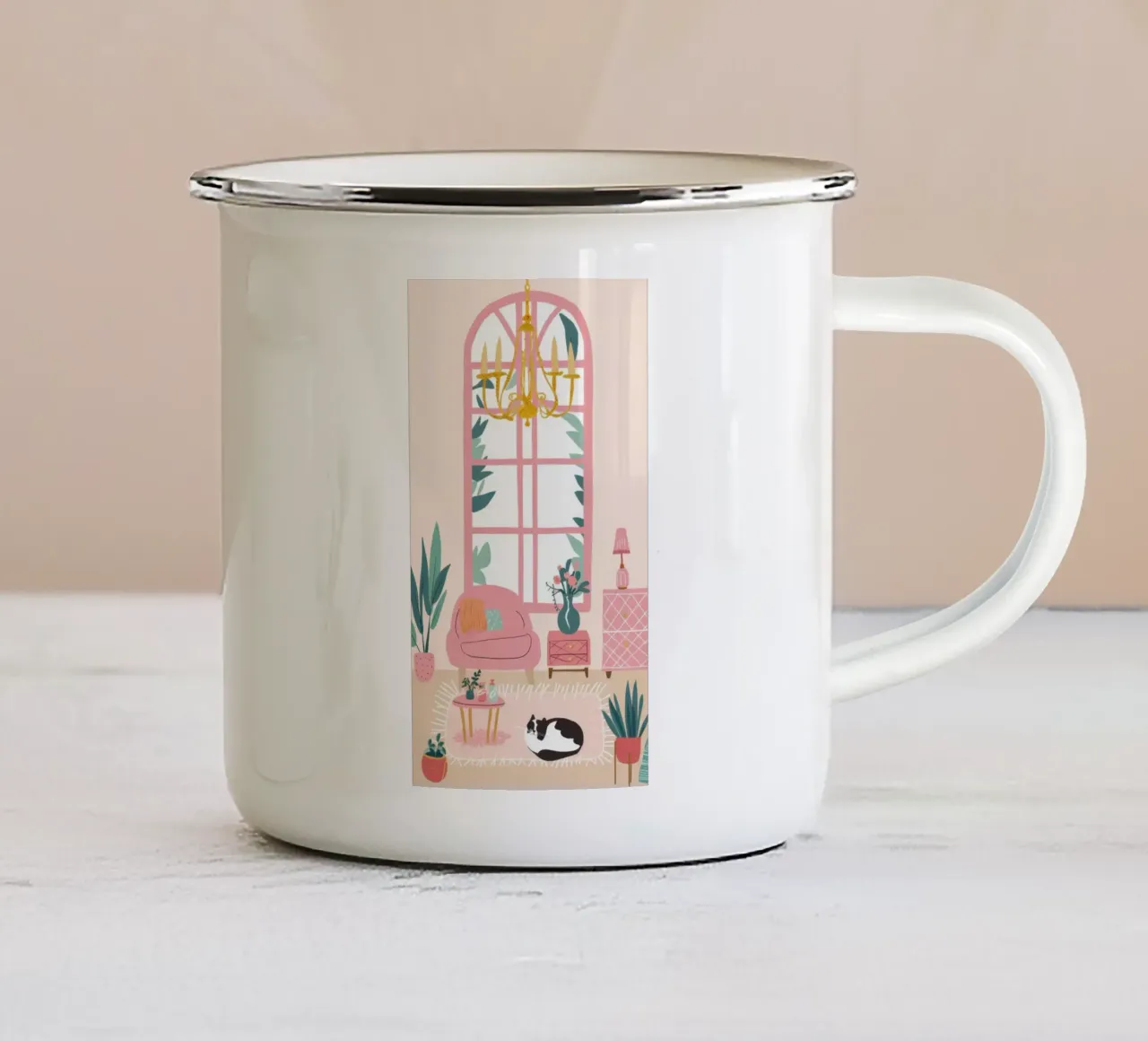 Arched Window Cat Nap enamel mug by Marigold Tiga