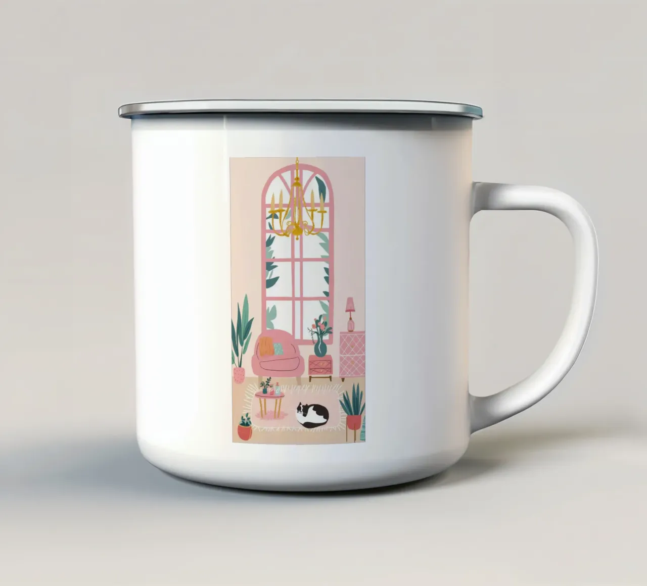Arched Window Cat Nap enamel mug by Marigold Tiga