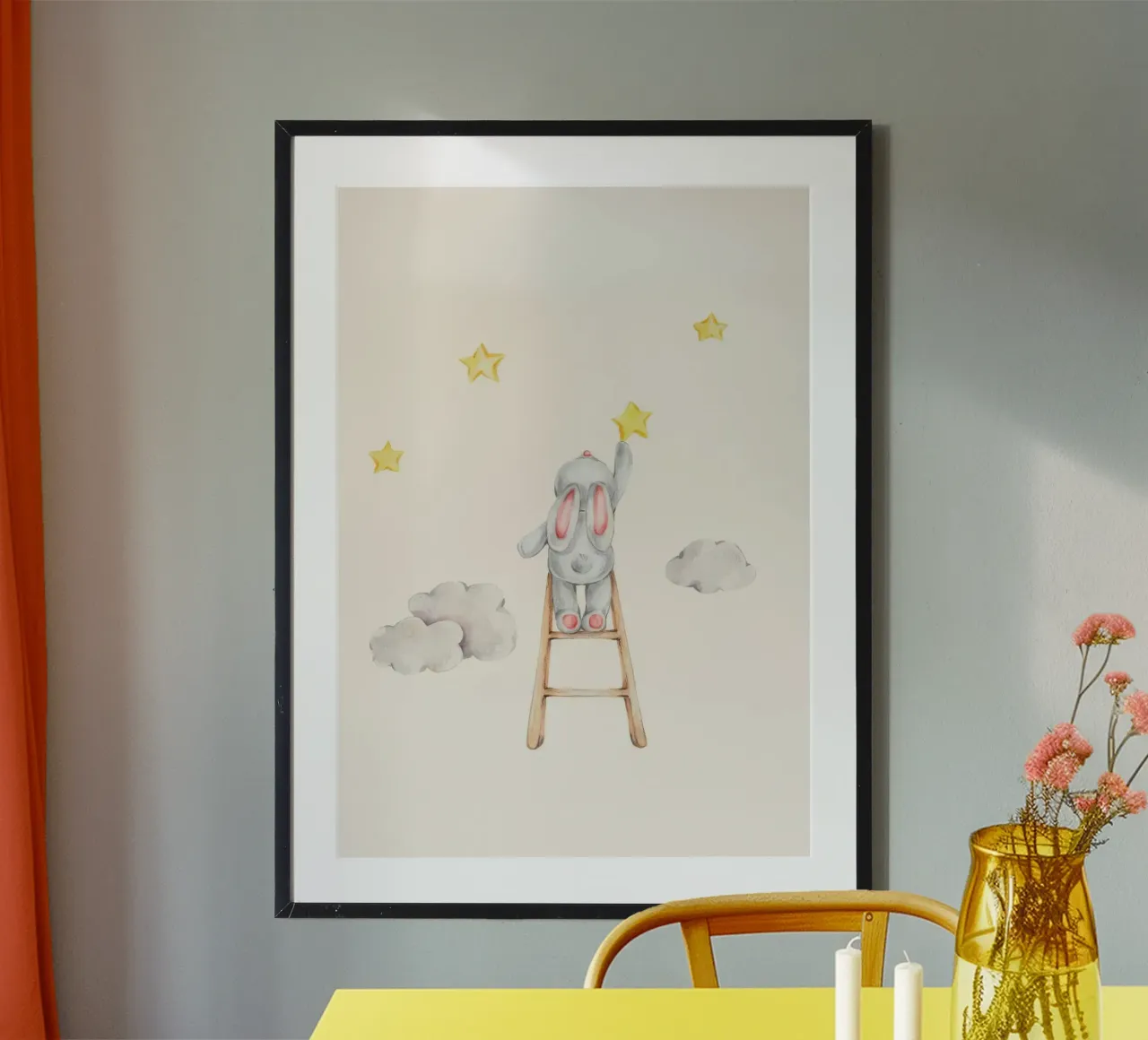 Coniglietto che raccoglie le stelle carta hahnemühle da KIds Idea