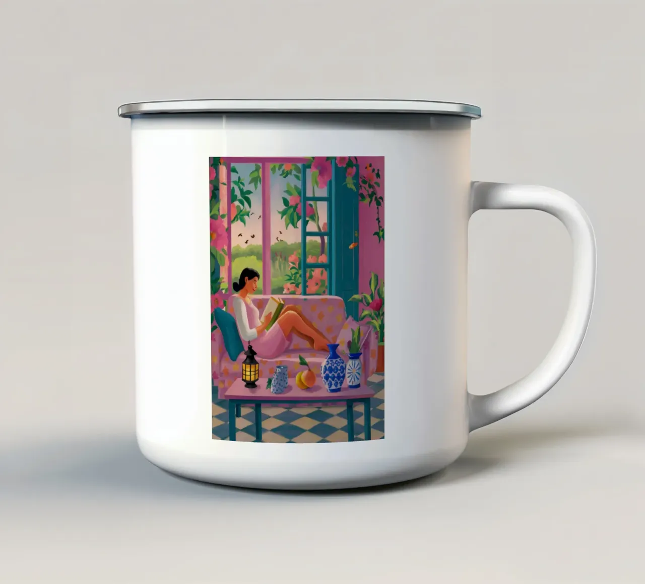 Abstract Window Stillness enamel mug by Marigold Tiga