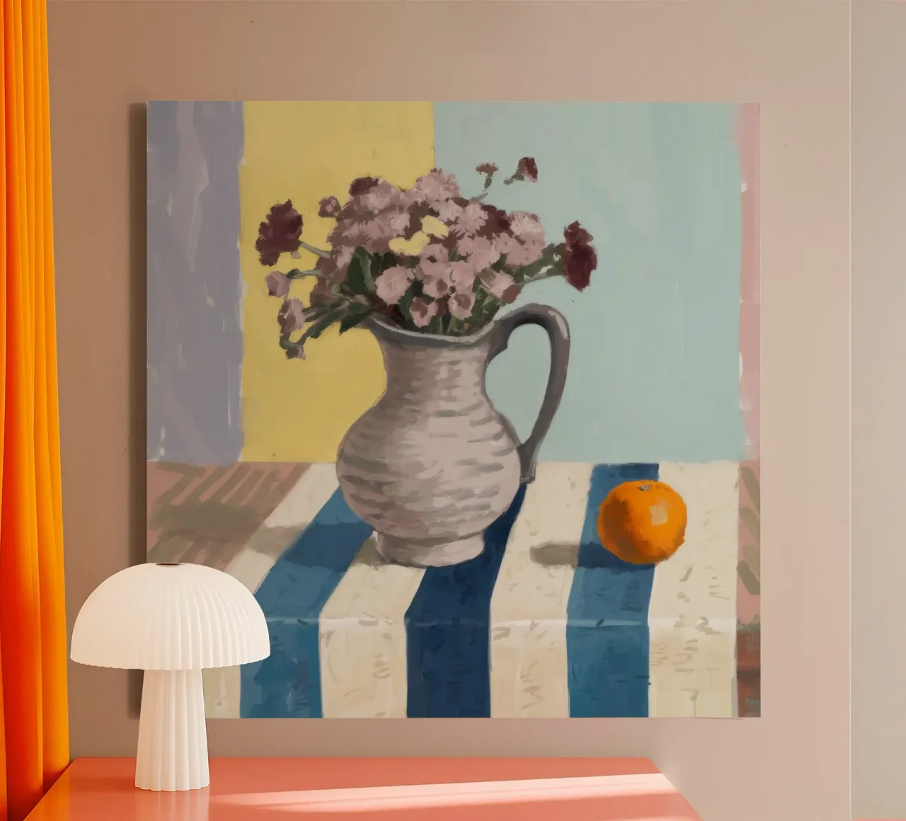Tavolo a righe Tangerine tela con Cornice a cassetta da Stone Decade