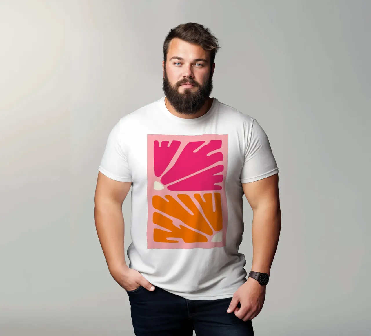 Kühnes abstraktes botanisches Muster in Rosa- und Orangetönen T-Shirt von The Art Club