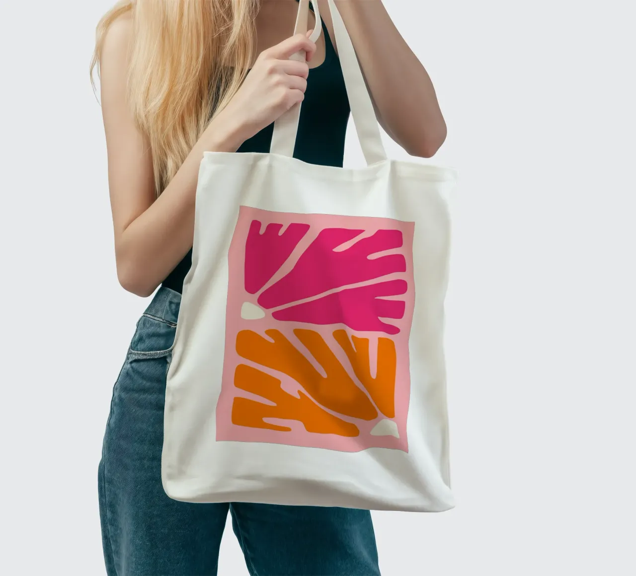 Kühnes abstraktes botanisches Muster in Rosa- und Orangetönen Jutebeutel von The Art Club