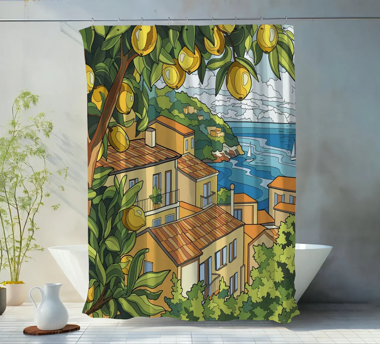 Zitrone am Meer Duschvorhang von Fanya Art