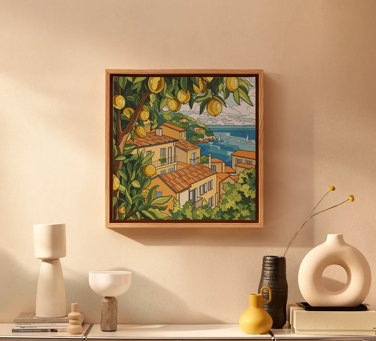 Zitrone am Meer Leinwand mit Schattenfugenrahmen von Fanya Art