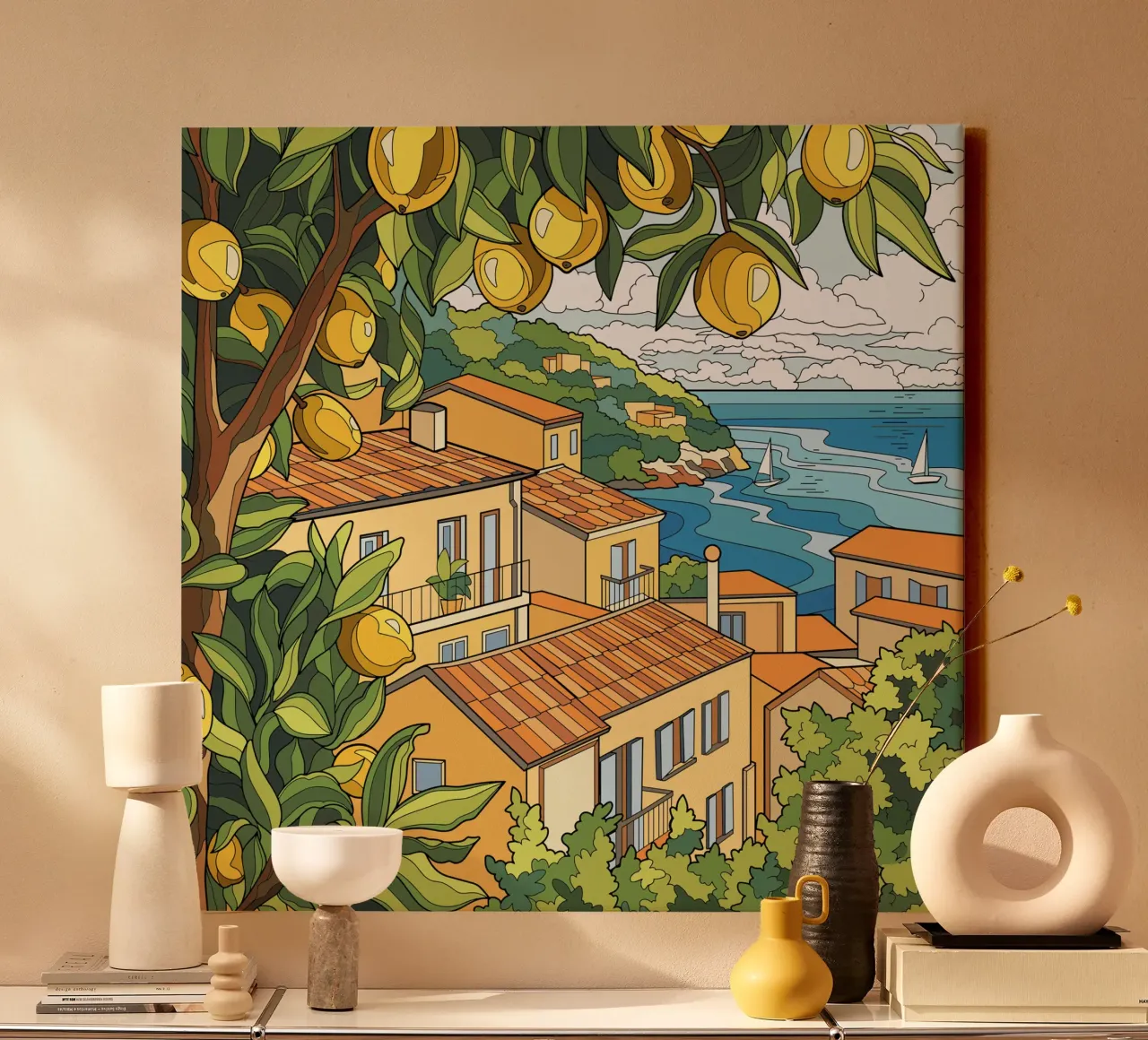 Zitrone am Meer Leinwand mit Schattenfugenrahmen von Fanya Art