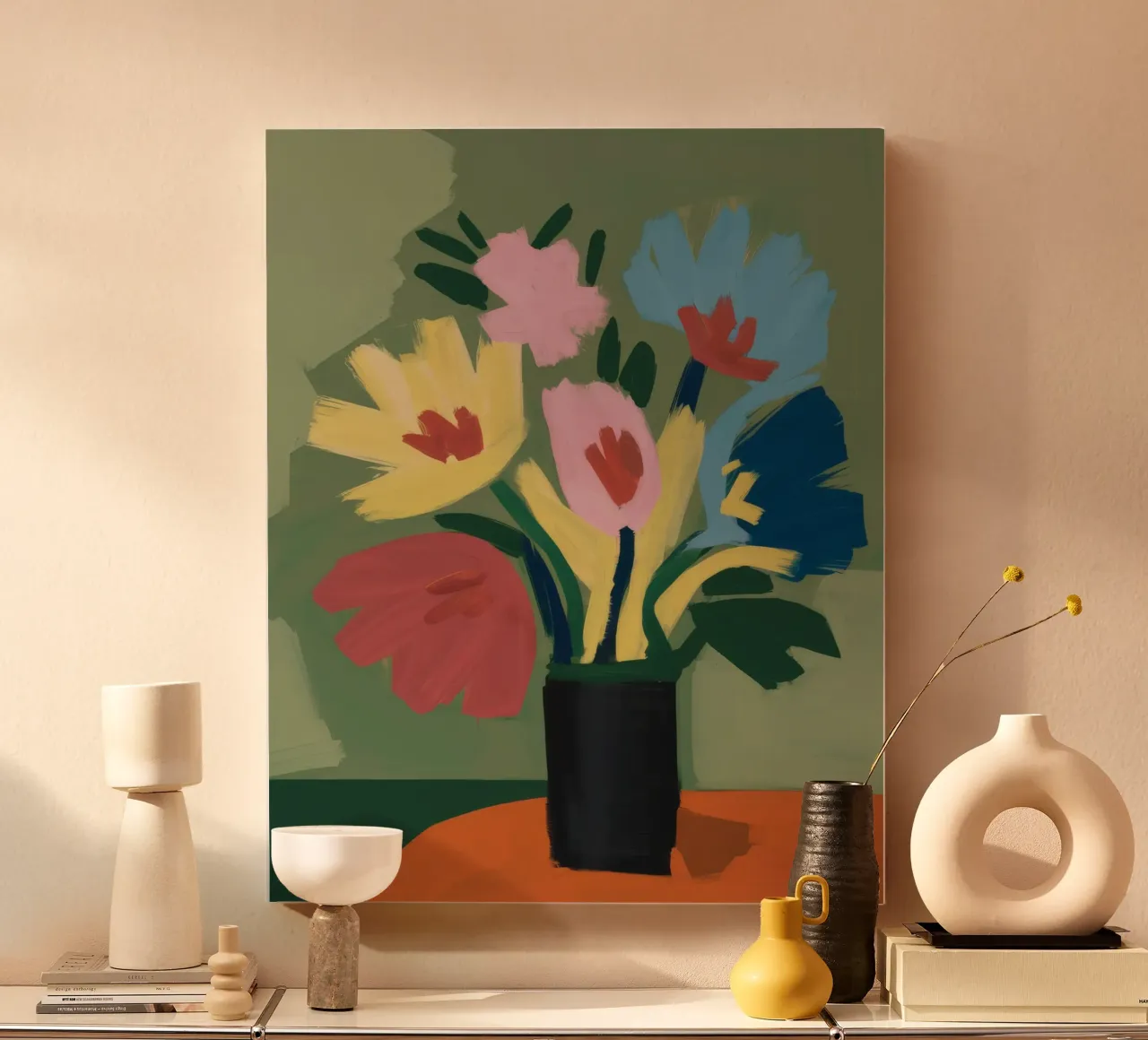 Zwarte Vaas Abstracte Bloemen canvas met Baklijst van Stone Decade