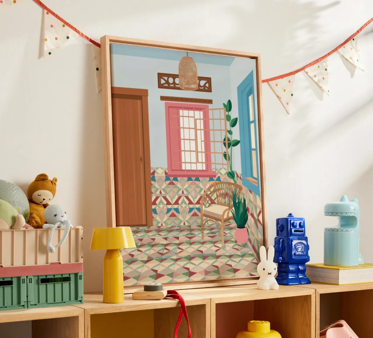 Divano blu angolo libri tela con Cornice a cassetta da Marigold Tiga