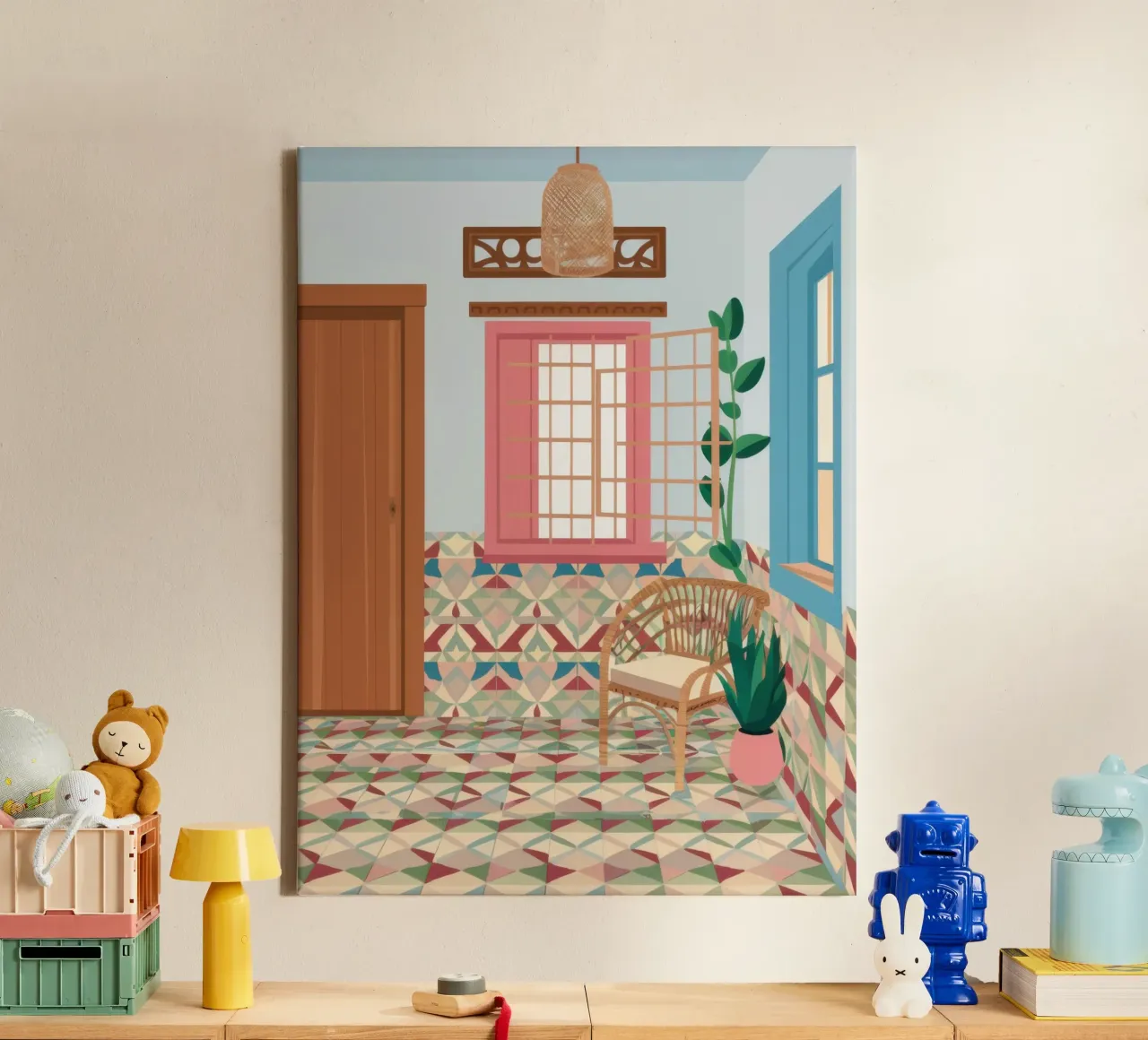 Divano blu angolo libri tela con Cornice a cassetta da Marigold Tiga