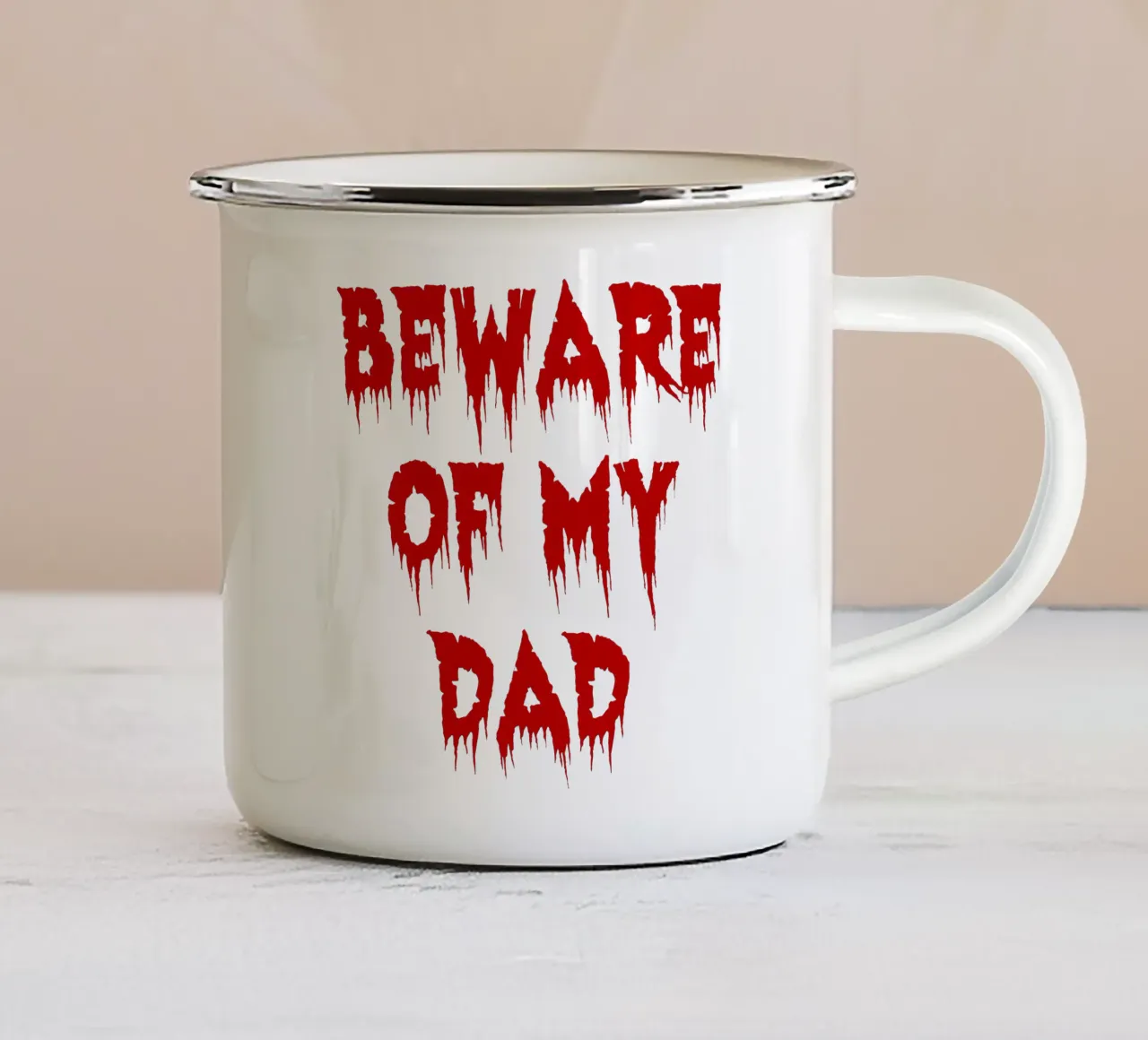 attenzione a mio padre tazza in smalto da onetime