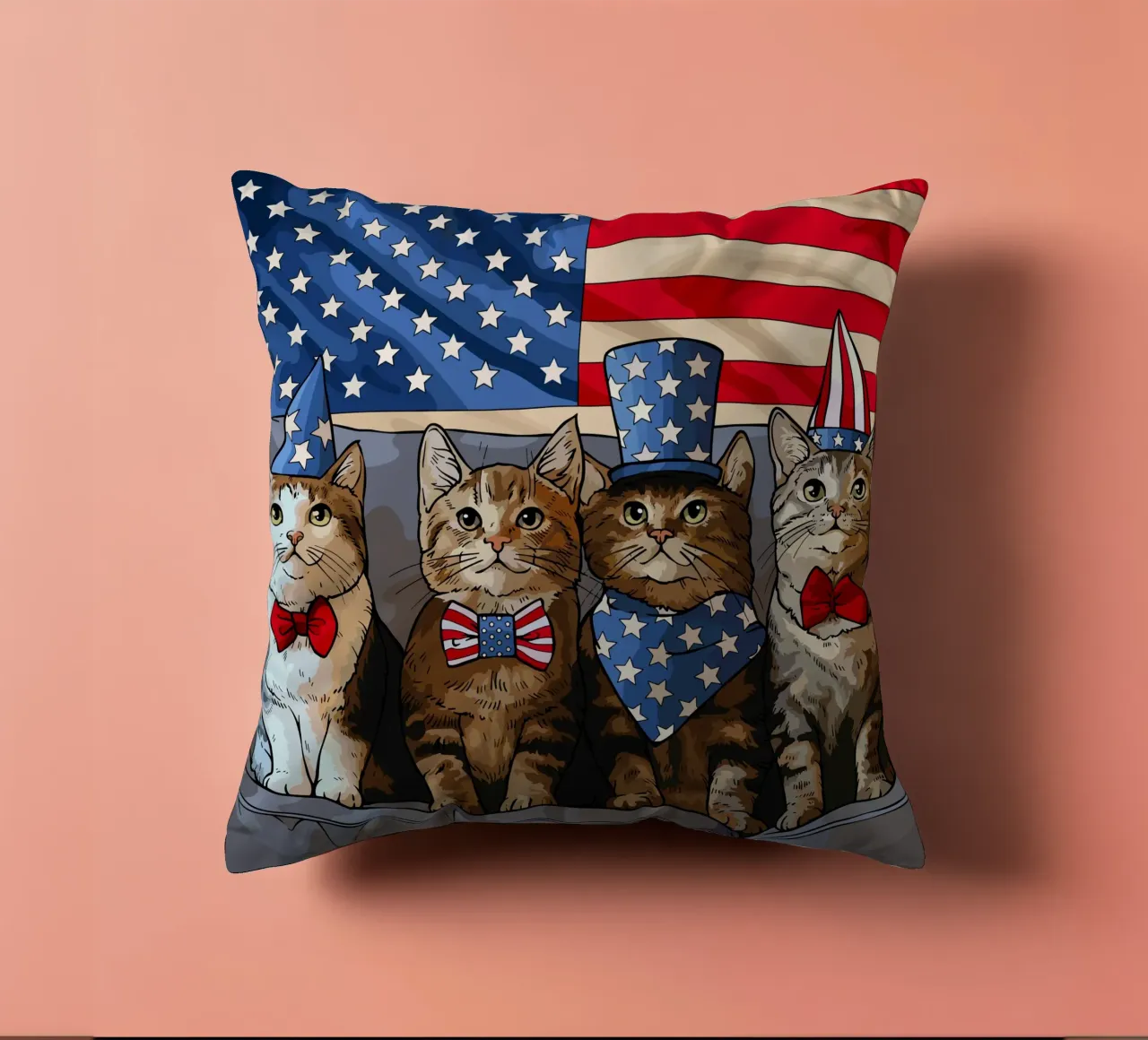 Patriotic Felines illiustrasi decorative cushion by Fanya Art