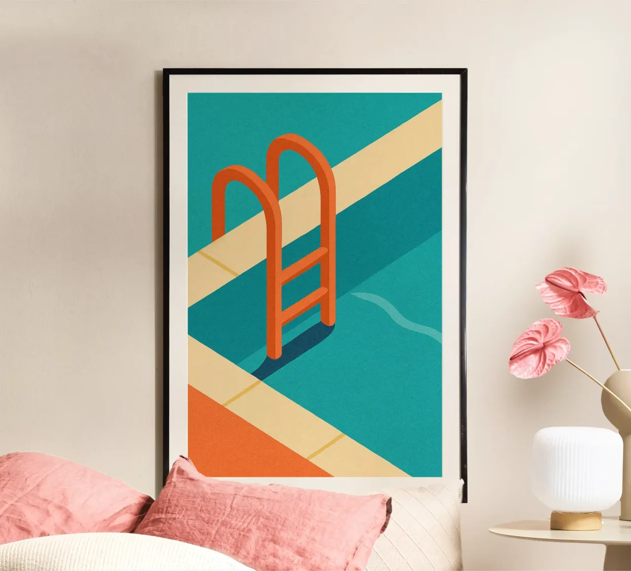 Zwembad - Een minimalistische poster met een vakantiegevoel poster met aluminium frame van JETLAG | affiches voyage
