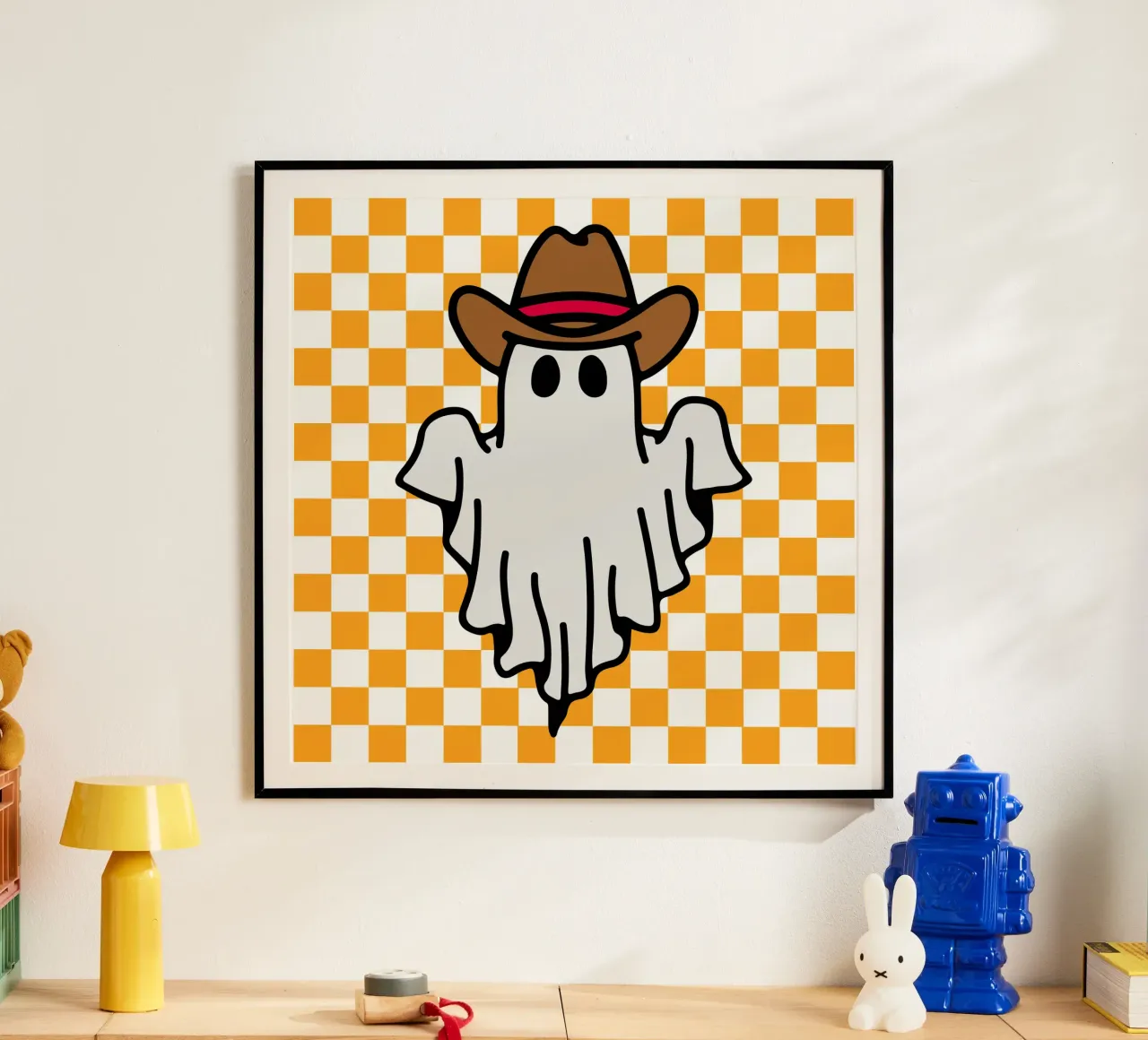 fantasma di Halloween cowboy a scacchi poster con telaio in plastica da onetime