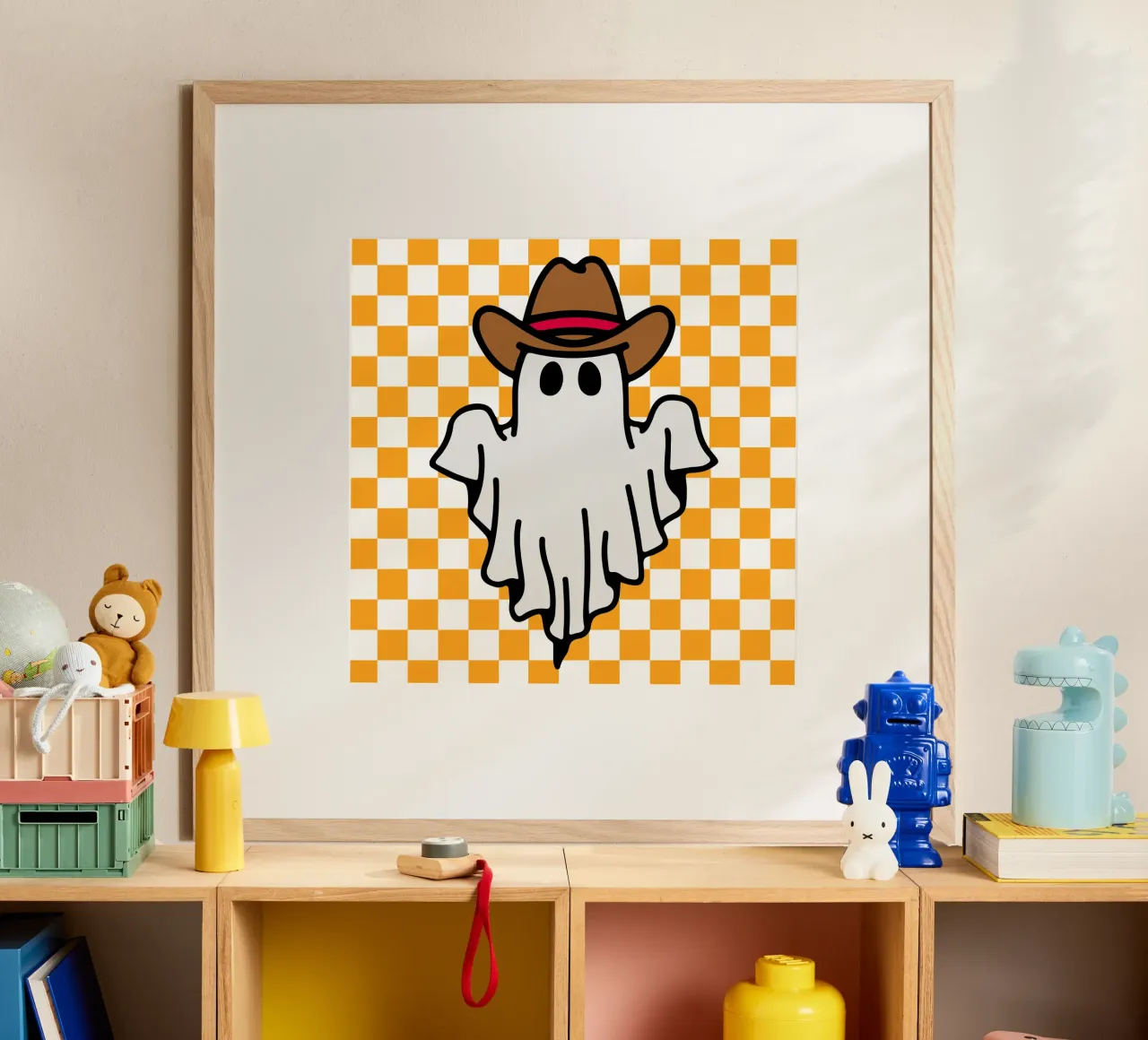 fantasma di Halloween cowboy a scacchi poster con telaio in plastica da onetime