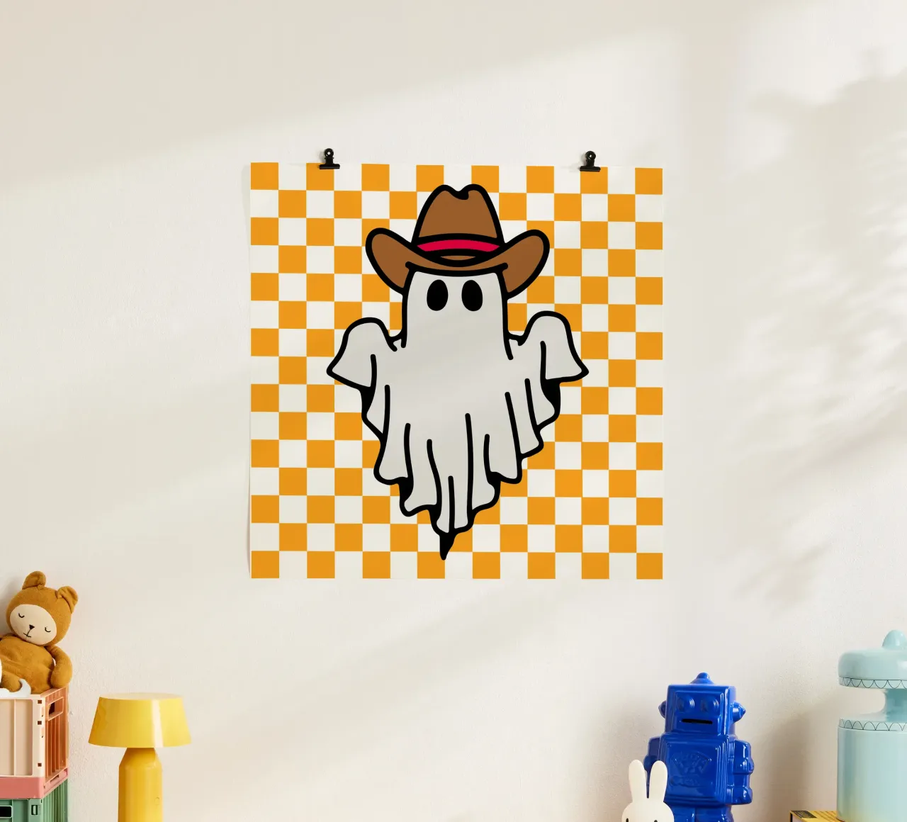 fantasma di Halloween cowboy a scacchi poster con telaio in plastica da onetime