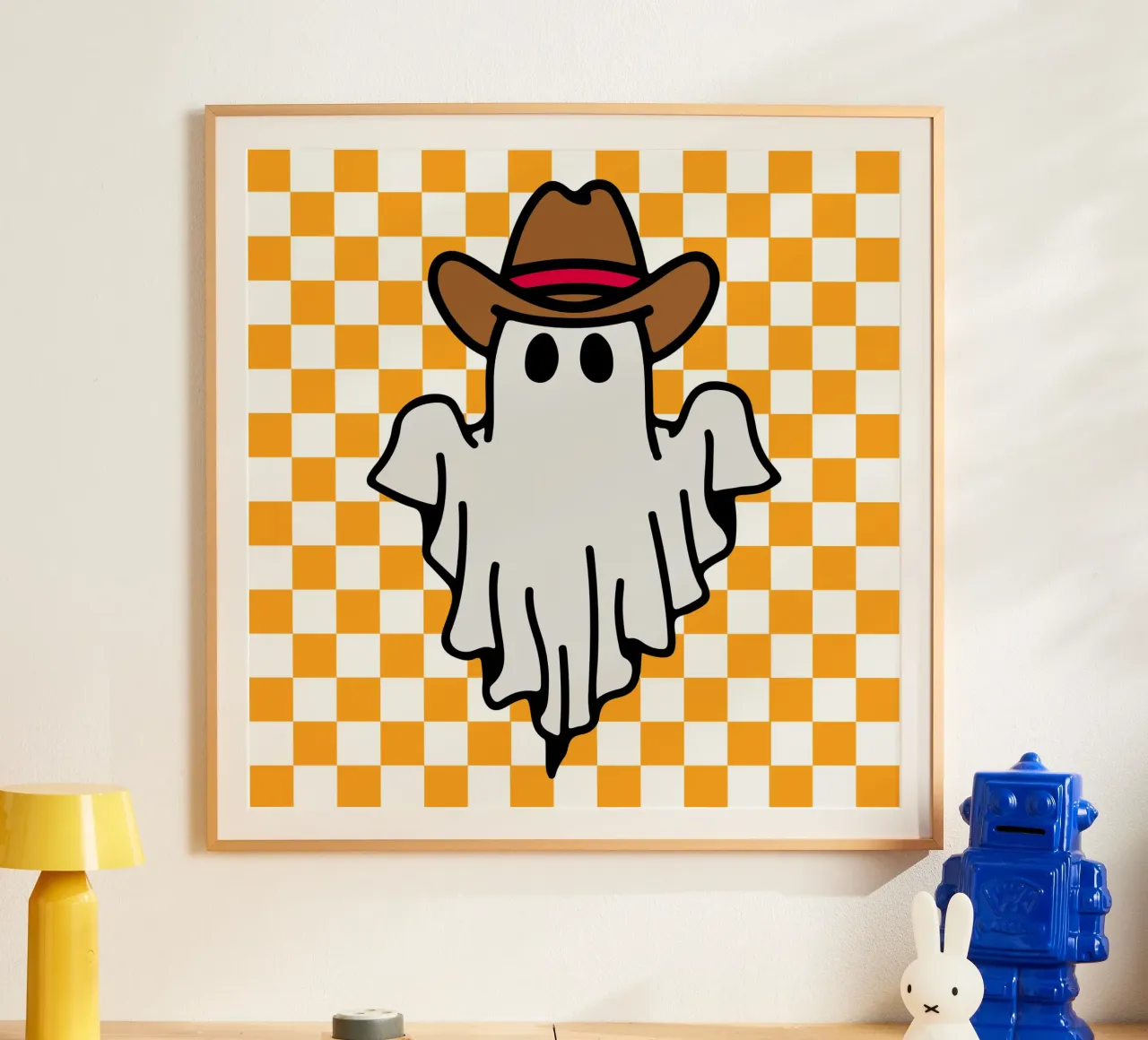 fantasma di Halloween cowboy a scacchi poster con telaio in plastica da onetime