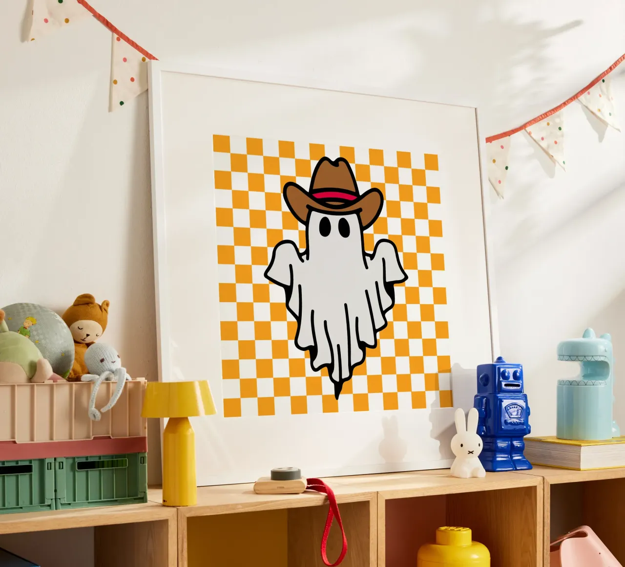 fantasma di Halloween cowboy a scacchi poster con telaio in plastica da onetime
