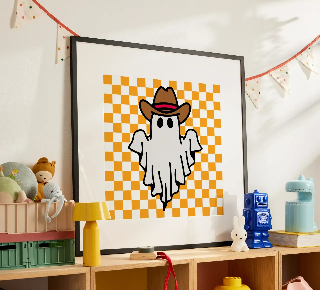 fantasma di Halloween cowboy a scacchi poster con telaio in plastica da onetime