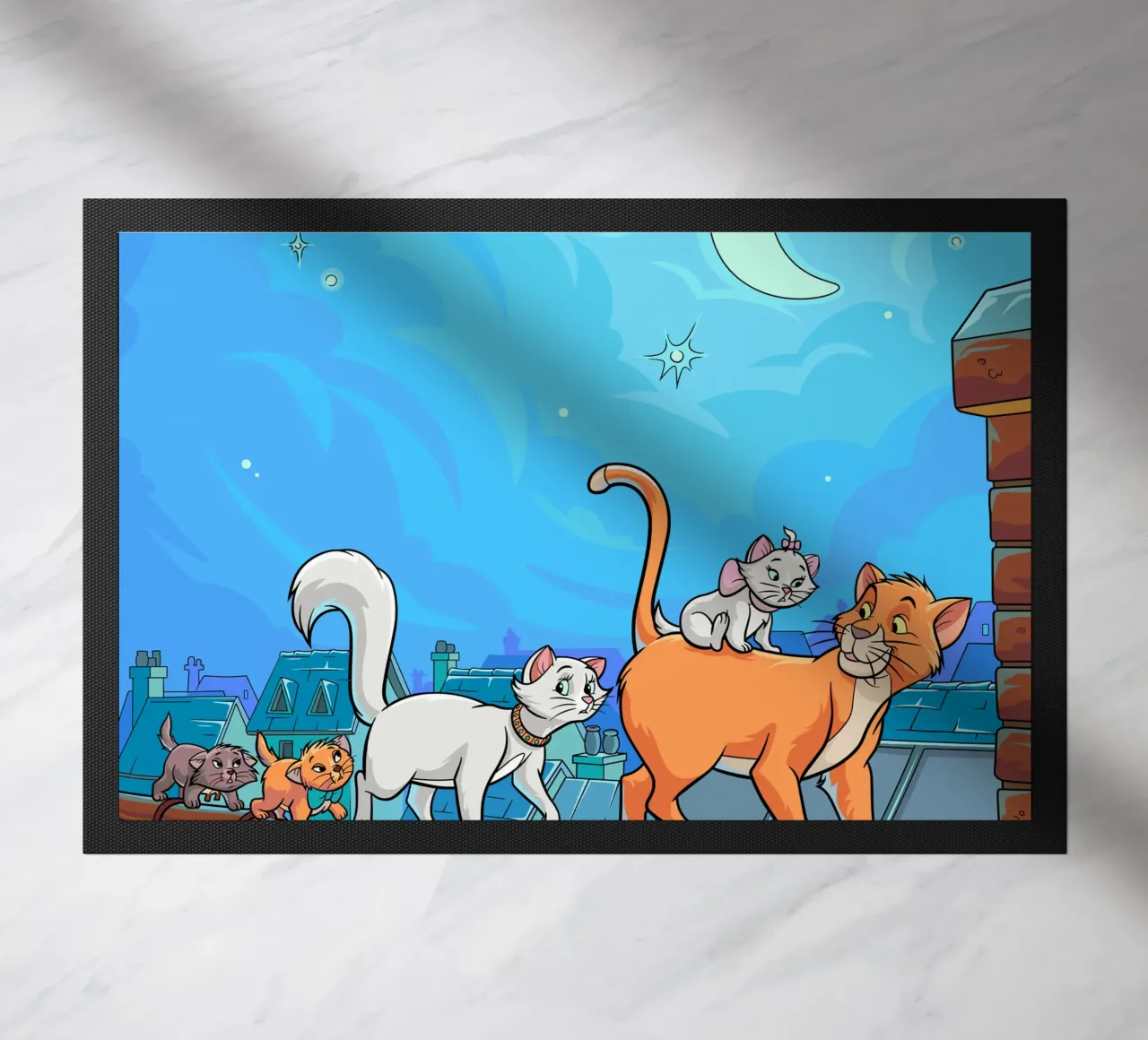 Cats on a Rooftop at Night doormat by Fanya Art