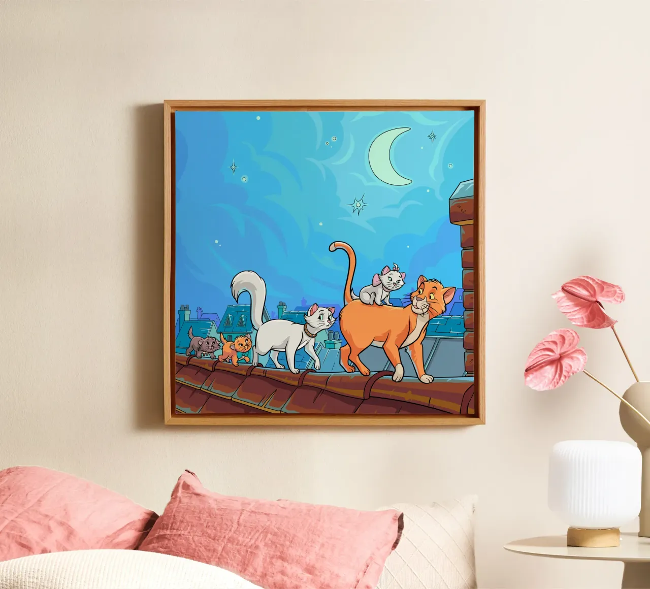 Gatti su un tetto di notte tela con Cornice a cassetta da Fanya Art
