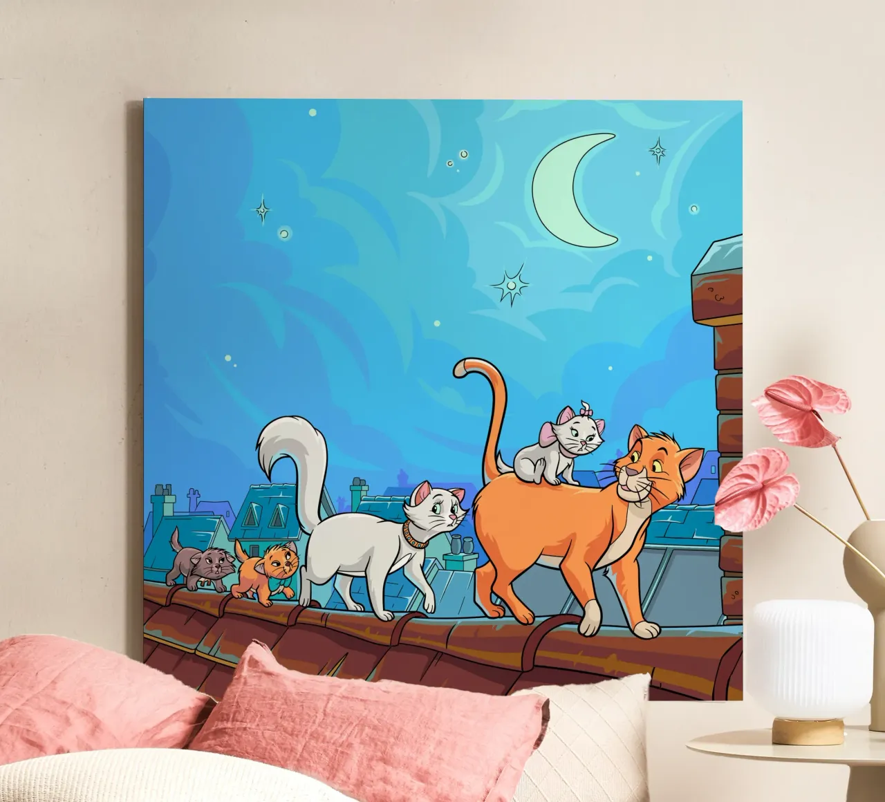 Gatti su un tetto di notte tela con Cornice a cassetta da Fanya Art