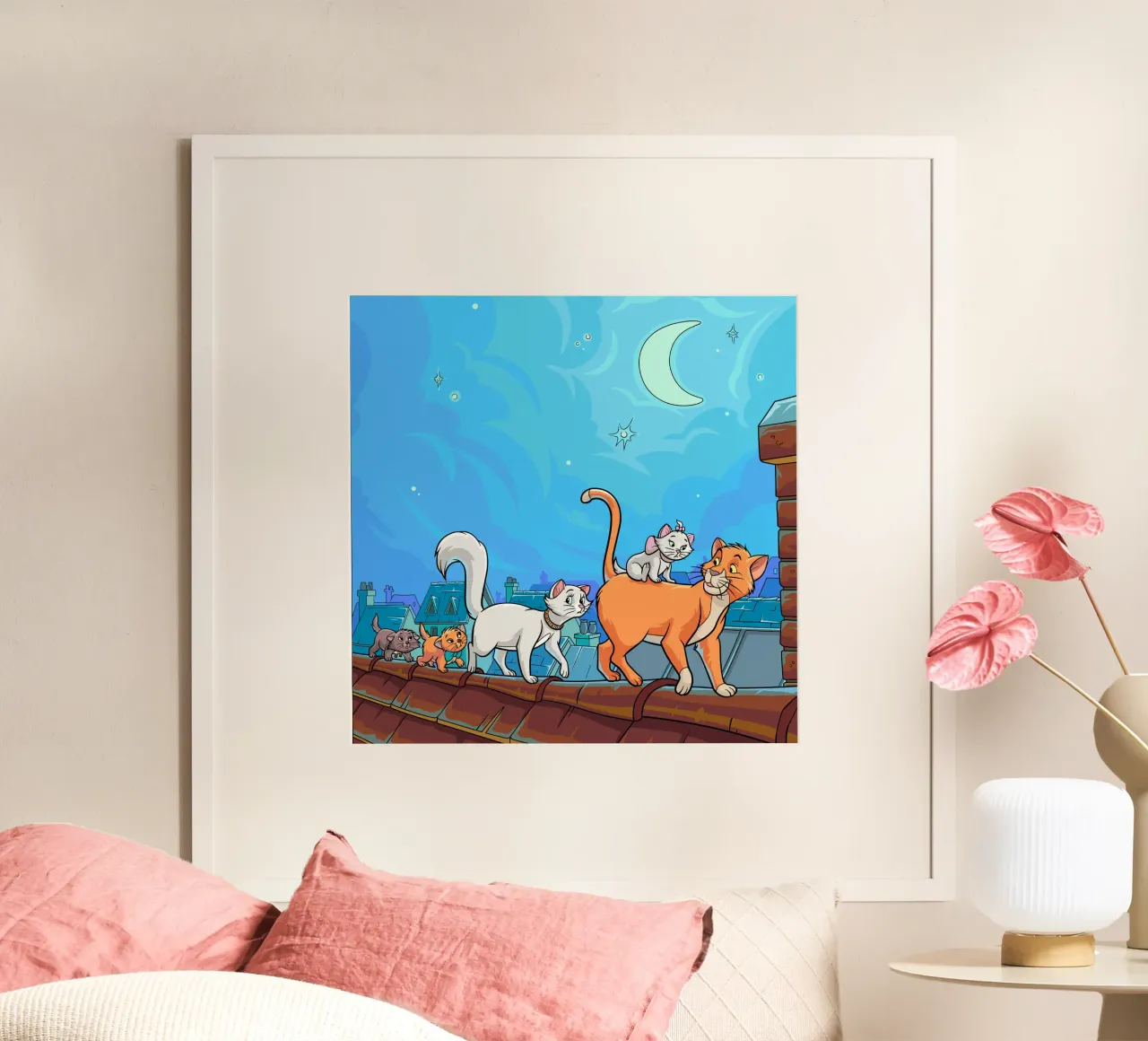 Gatti su un tetto di notte poster con telaio in alluminio da Fanya Art