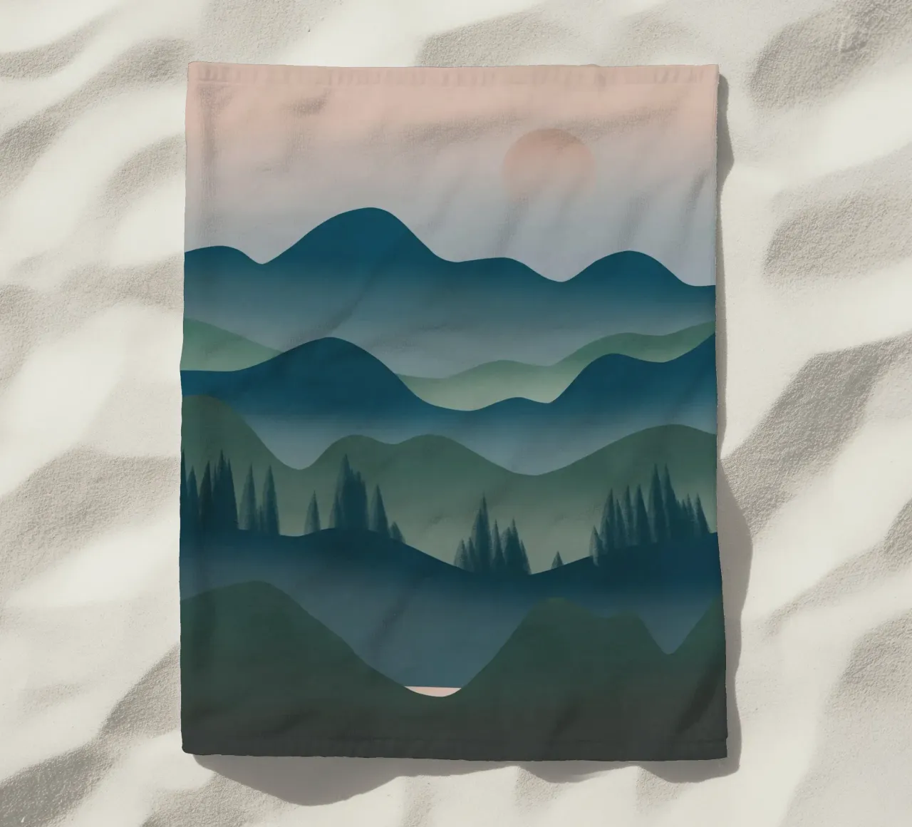 Peaceful mountains beach towel by Little Dean
