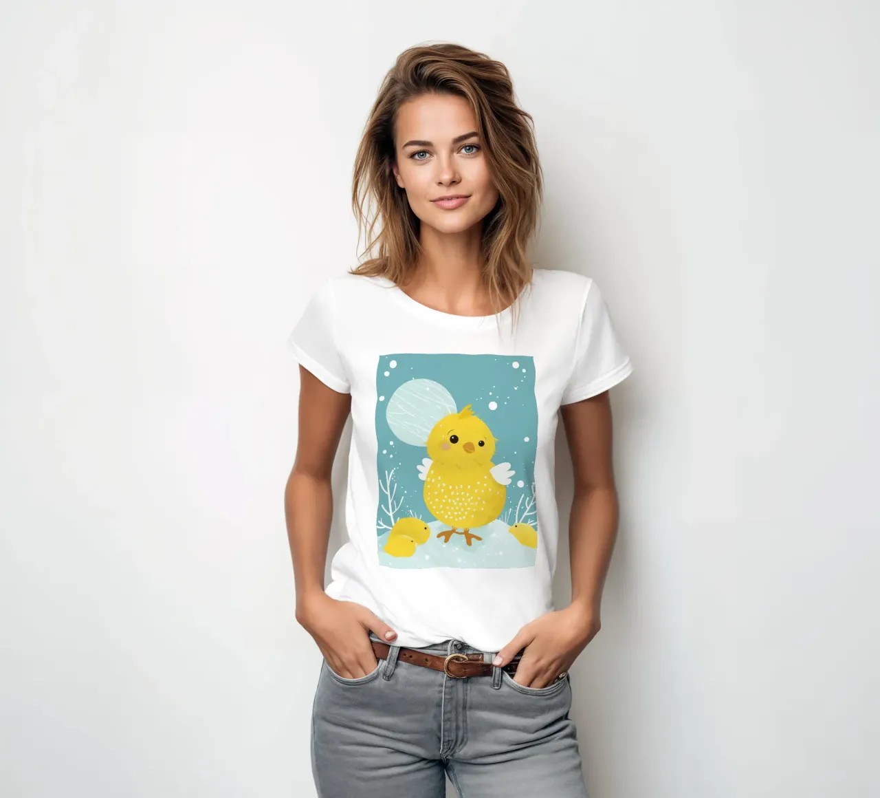 Petit poussin jaune dans une scène enneigée t-shirt ajusté pour femmes de DesignDoodle