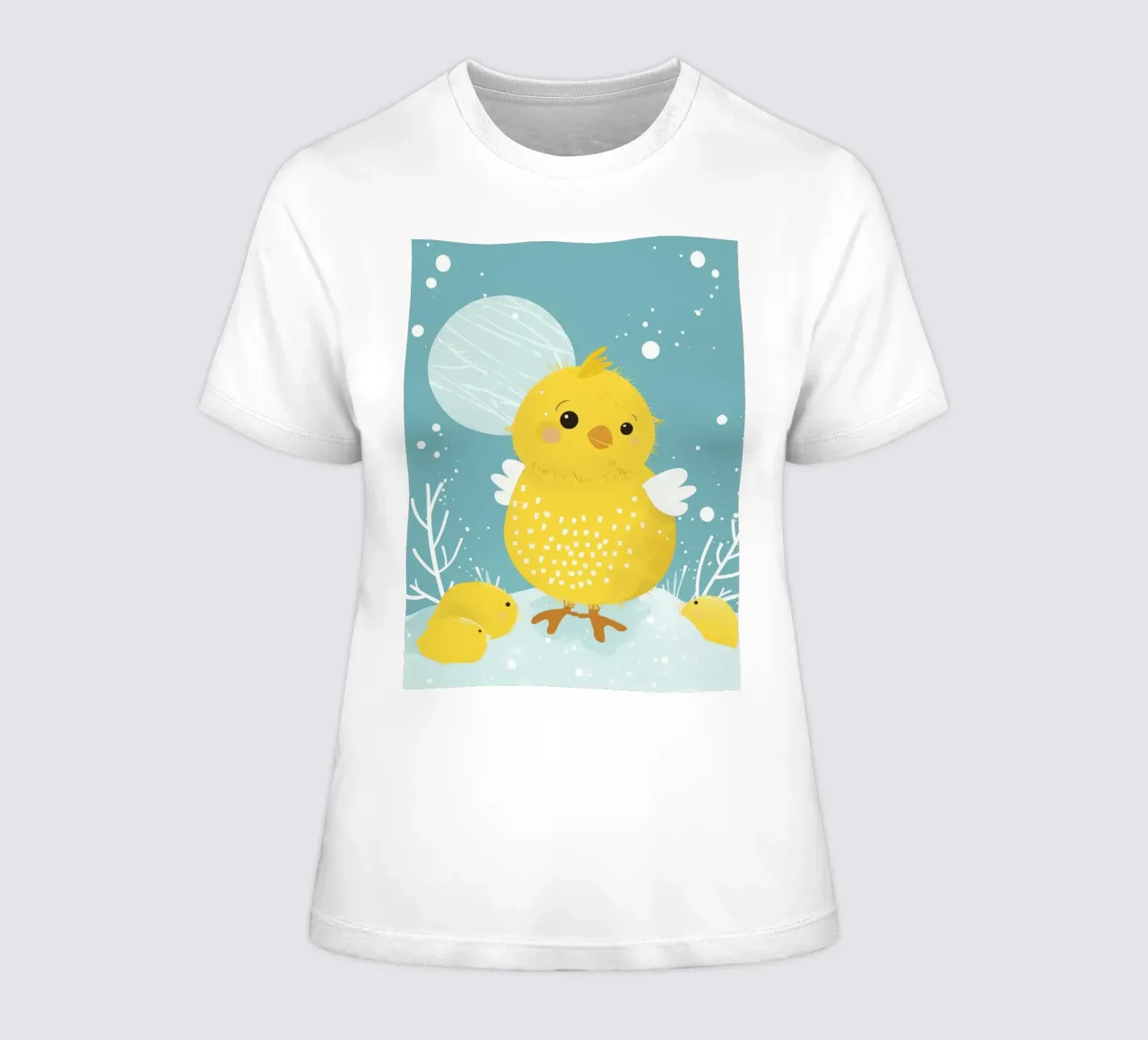 Petit poussin jaune dans une scène enneigée t-shirt ajusté pour femmes de DesignDoodle
