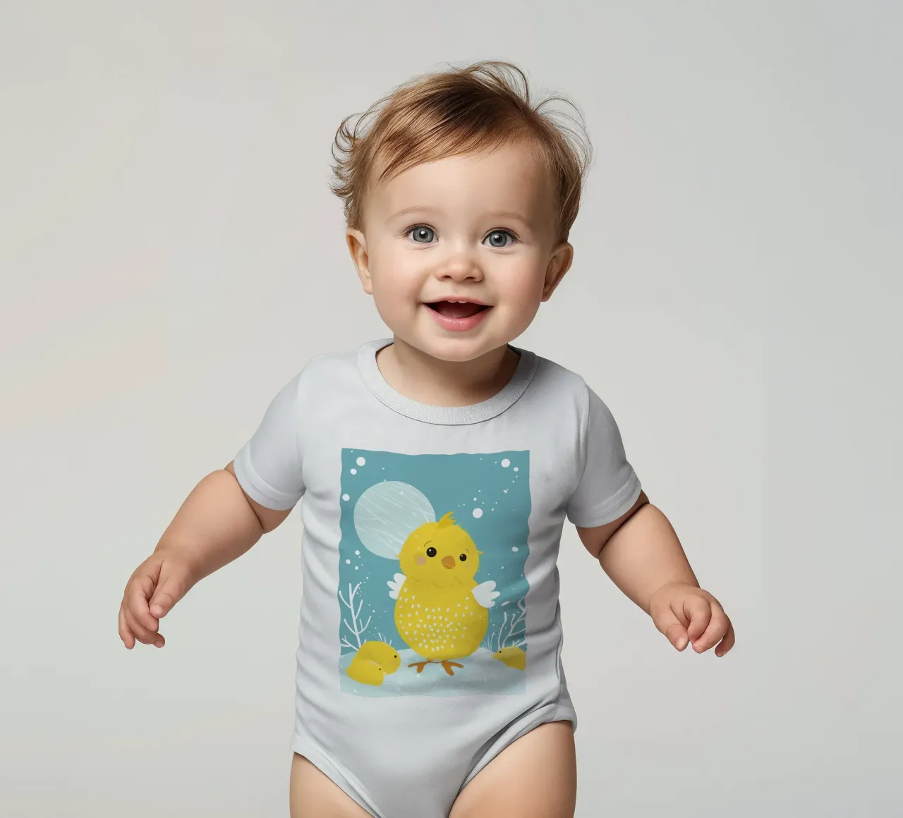 Petit poussin jaune dans une scène enneigée body bébé de DesignDoodle