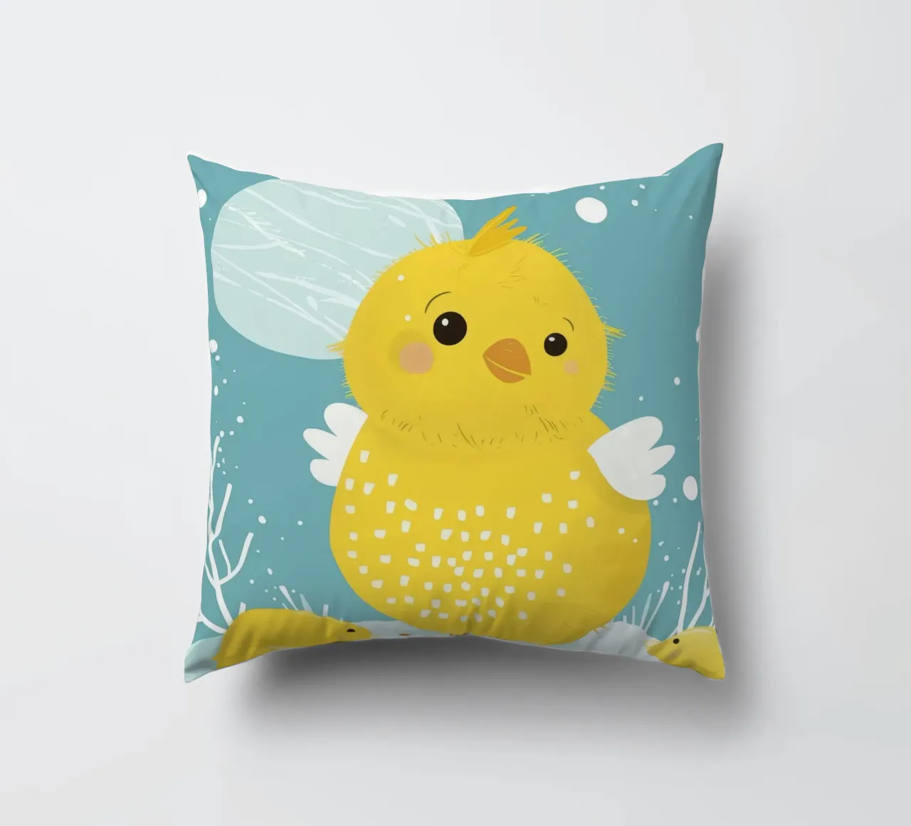 Piccolo pulcino giallo in una scena di neve cuscino da DesignDoodle