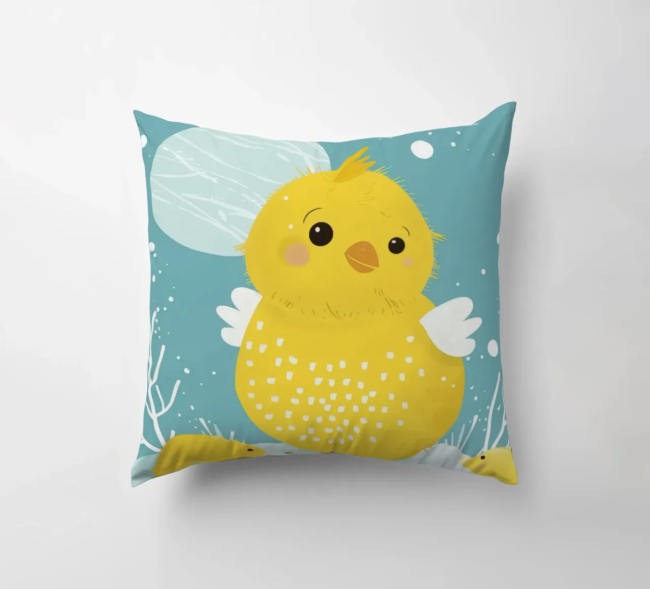 Piccolo pulcino giallo in una scena di neve cuscino da DesignDoodle
