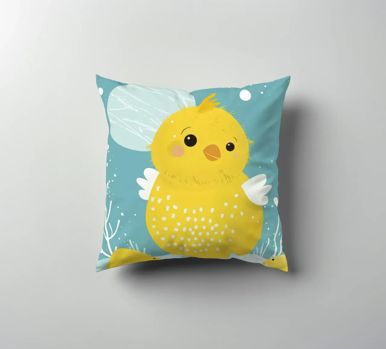 Piccolo pulcino giallo in una scena di neve cuscino da DesignDoodle