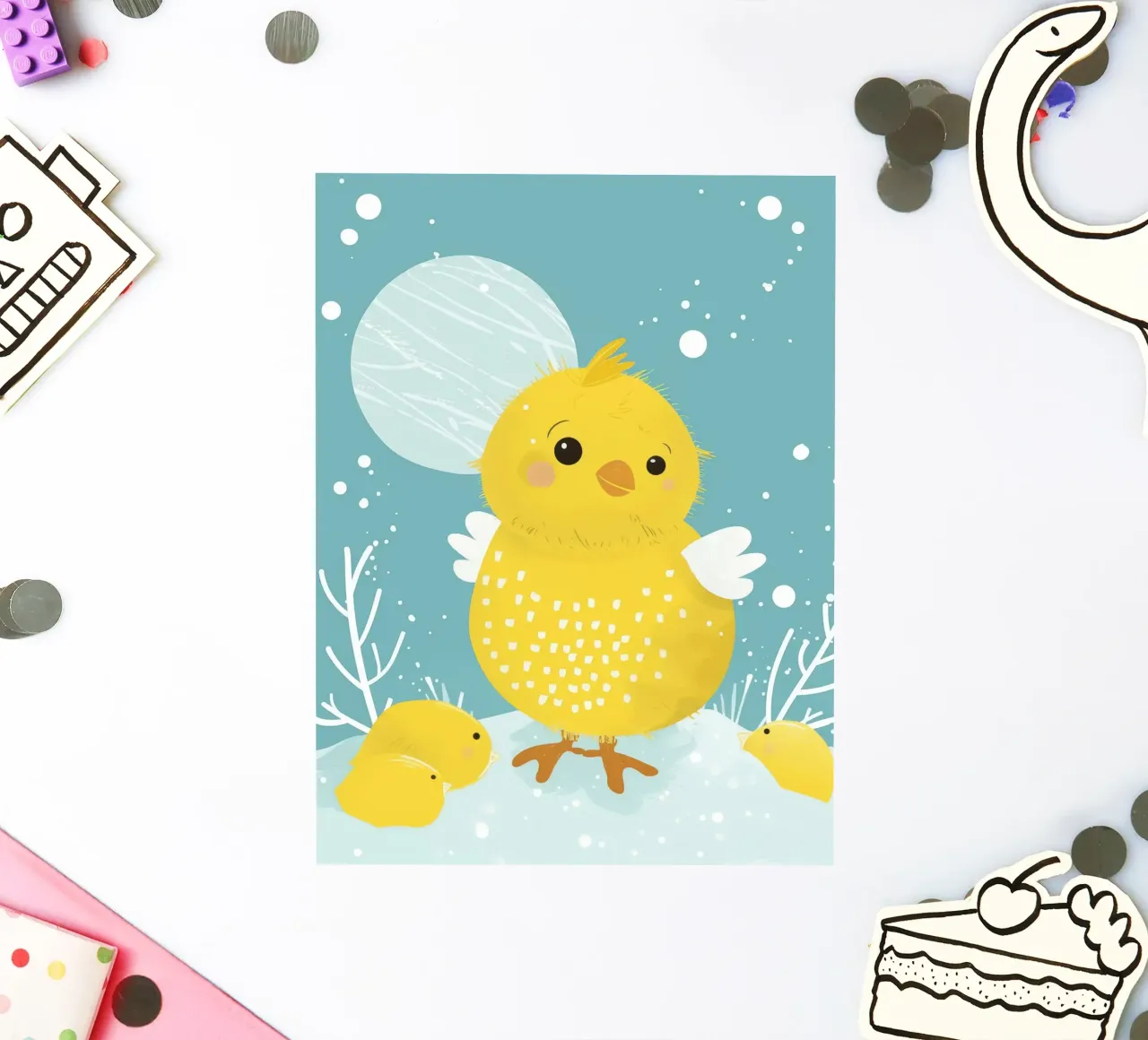 Petit poussin jaune dans une scène enneigée autocollant de DesignDoodle