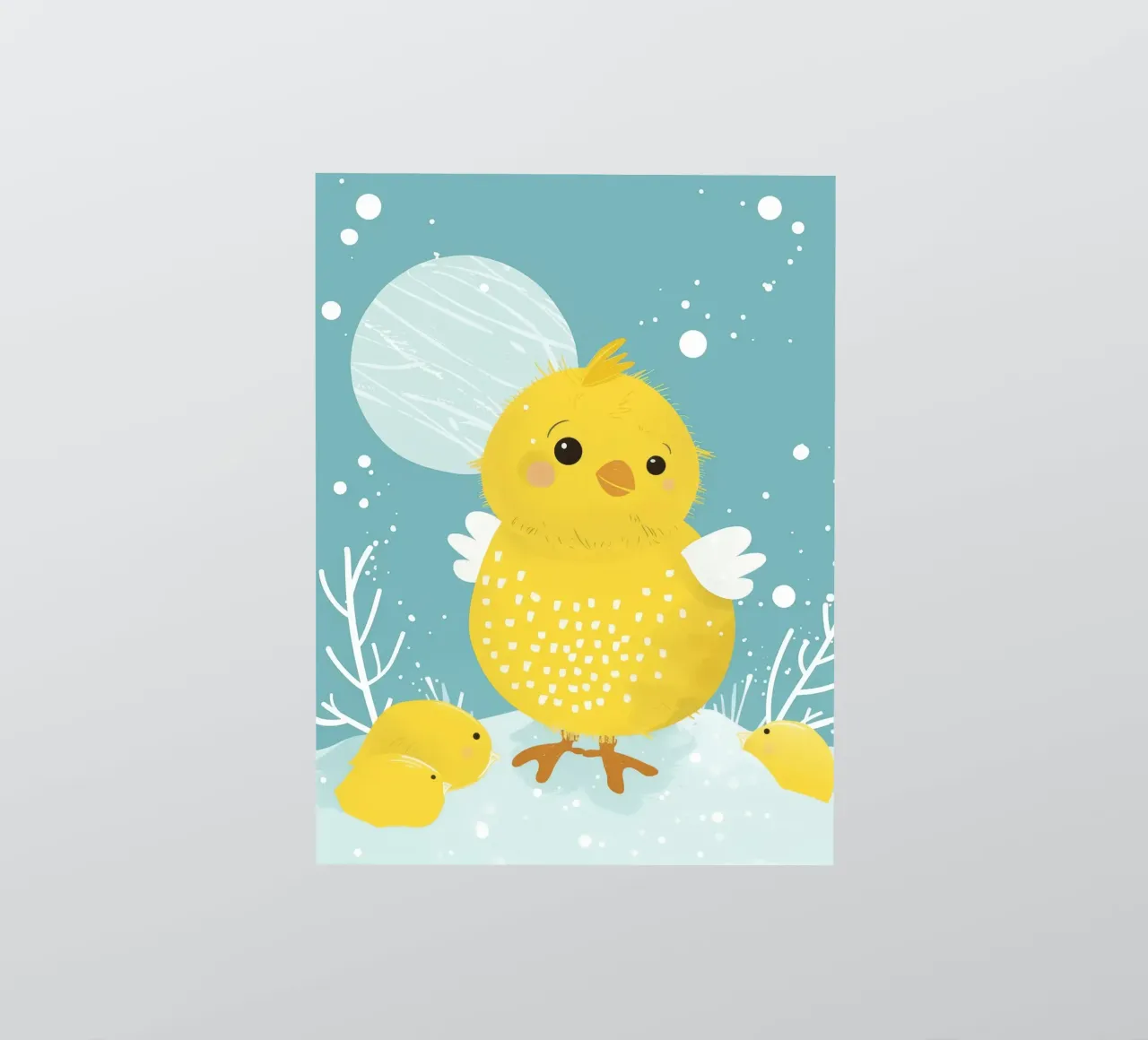 Petit poussin jaune dans une scène enneigée autocollant de DesignDoodle