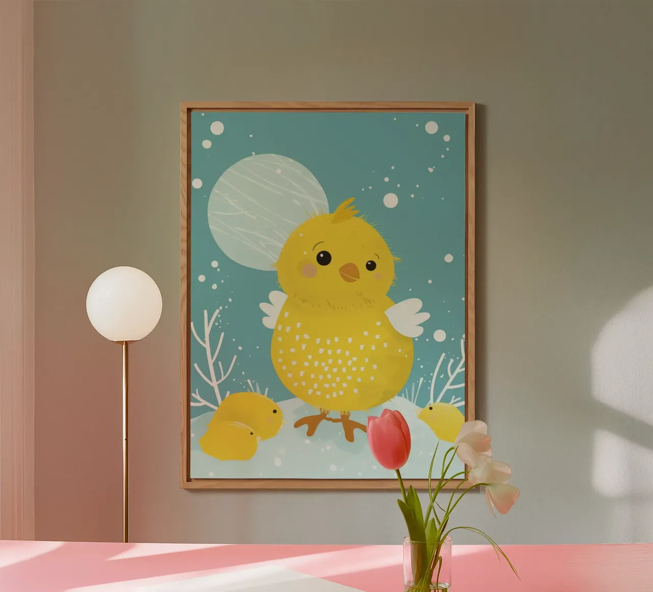 Piccolo pulcino giallo in una scena di neve alluminio dibond da DesignDoodle