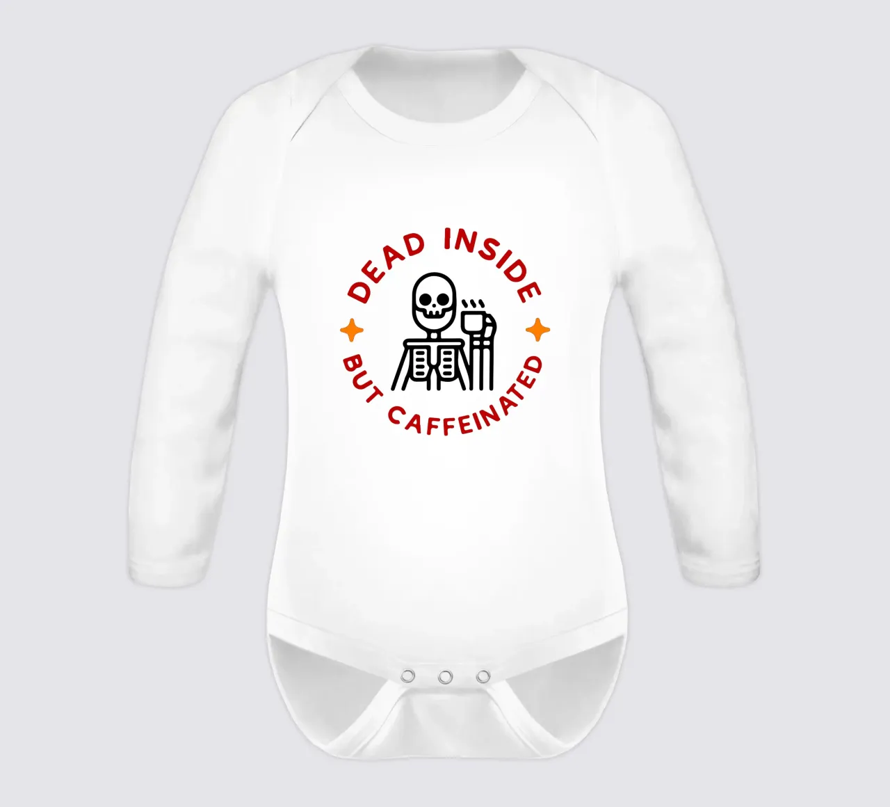 dead inside but caffeinated long-sleeve baby romper by onetime