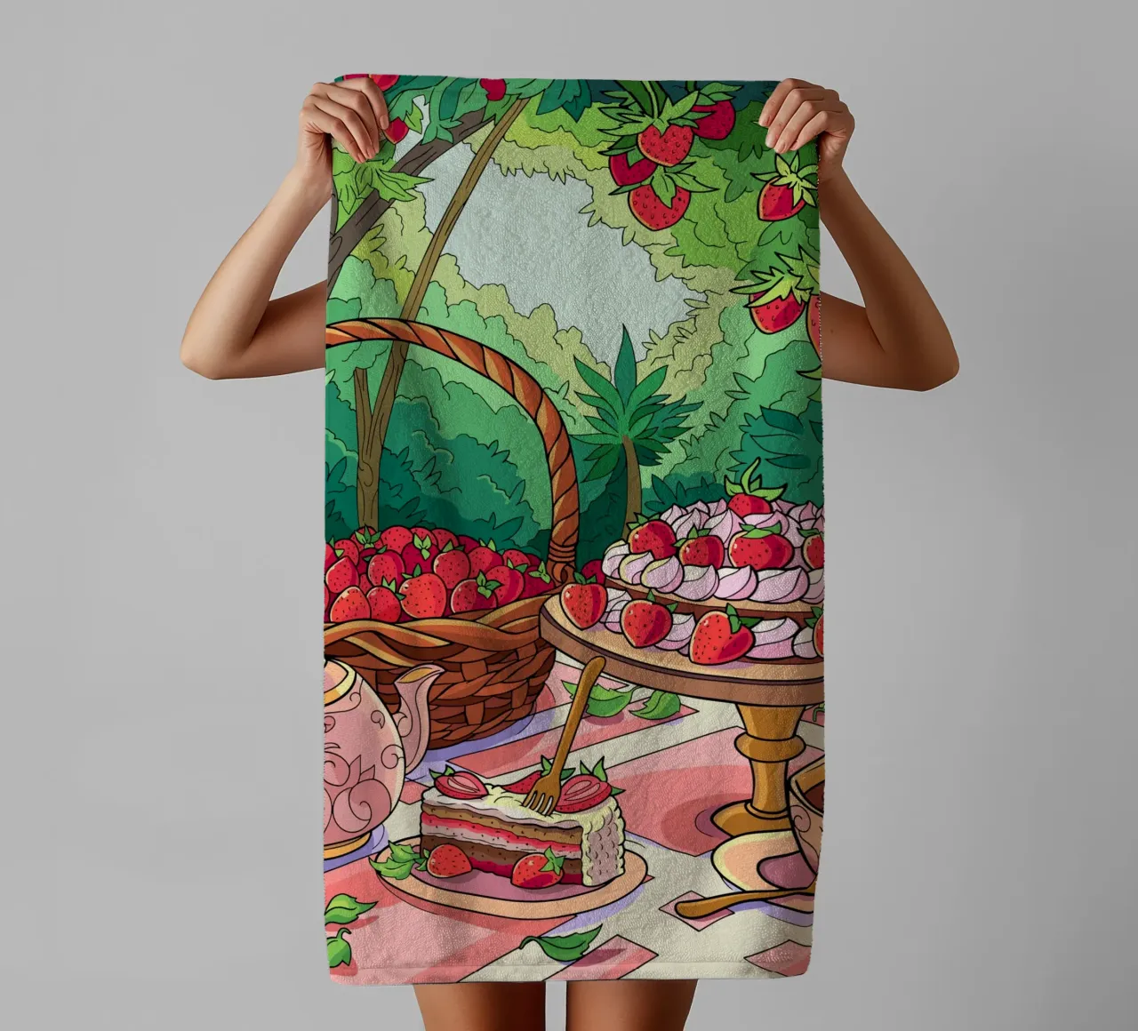 Strawberry Picnic towel by Fanya Art