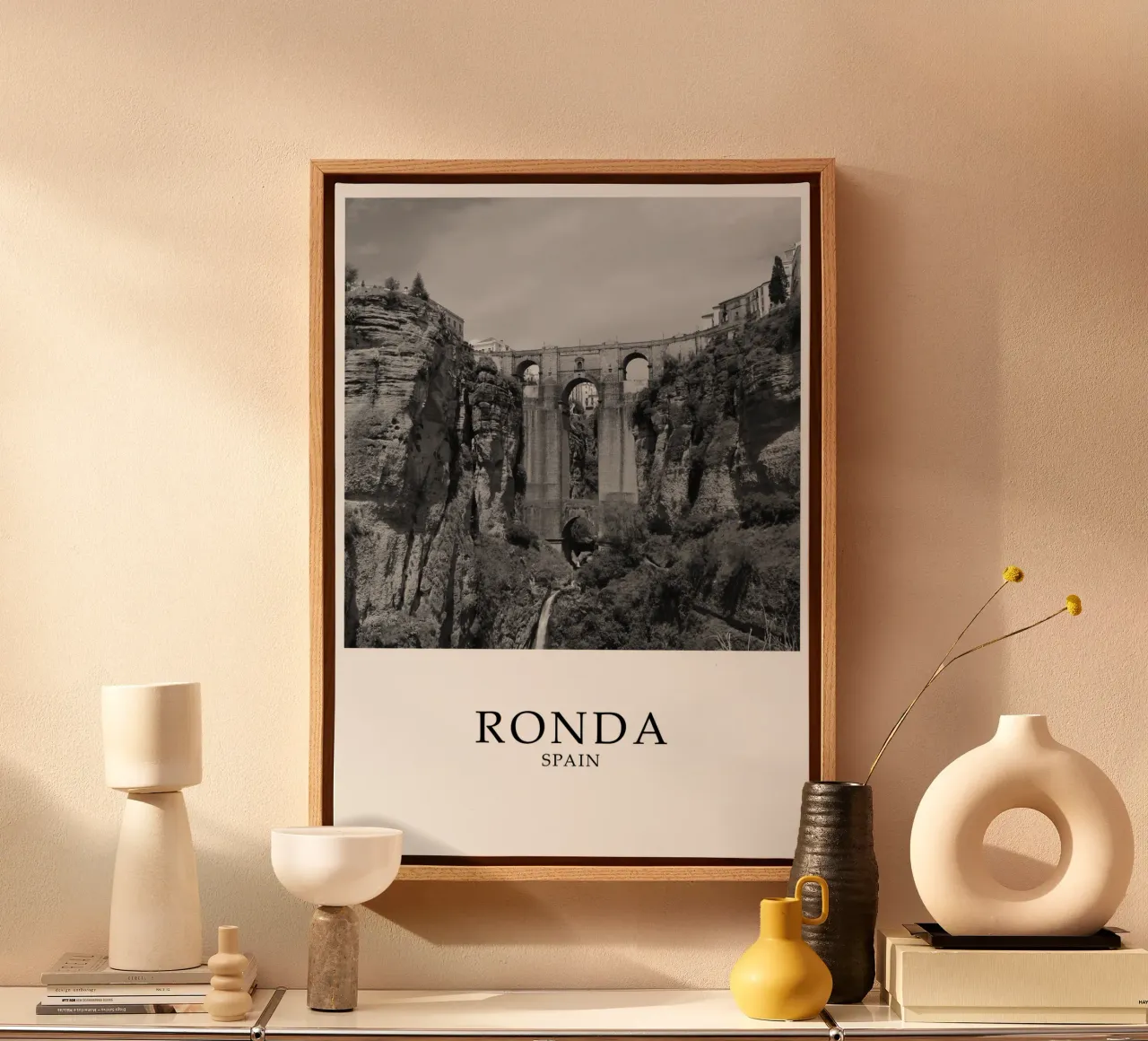 Ronda Spagna Ponte Architettura Scena in scala di grigi tela da Charnwood Prints