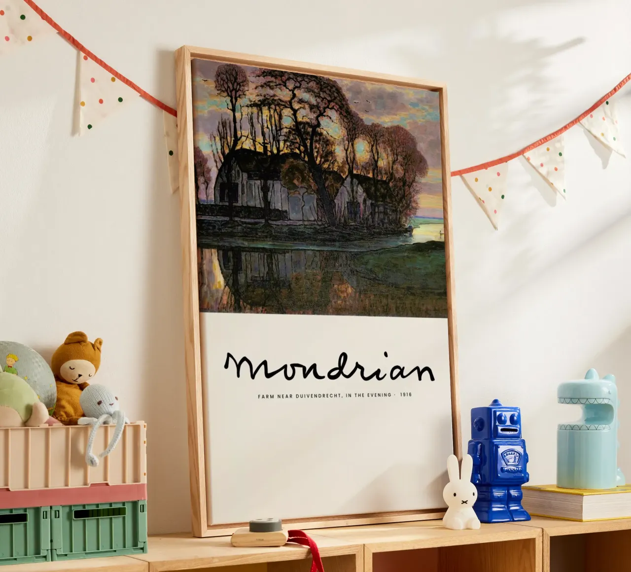 Mondrian – Signed Farm in the Evening tela con Cornice a cassetta da Vintage by JUNIQE