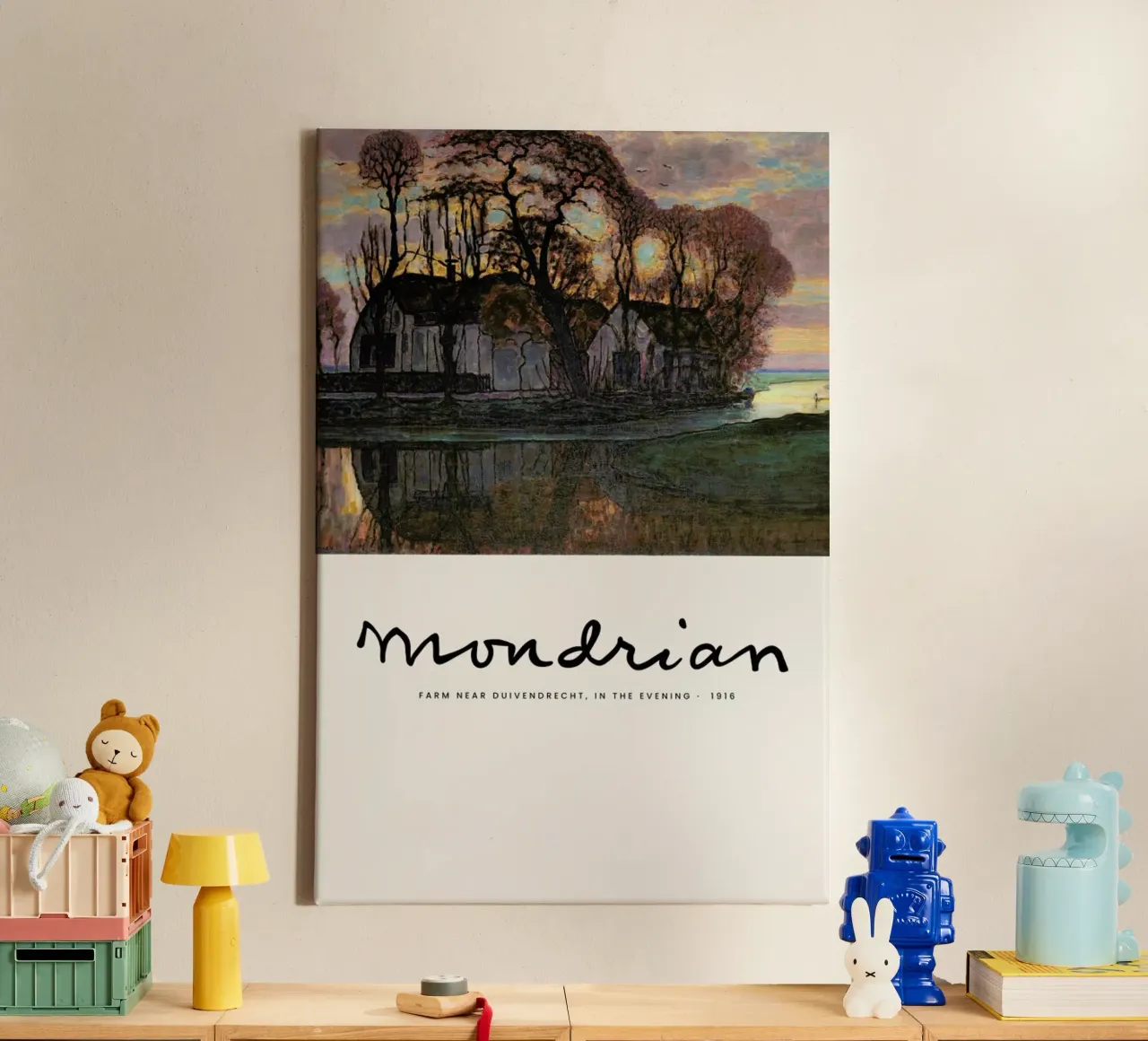 Mondrian – Signed Farm in the Evening tela con Cornice a cassetta da Vintage by JUNIQE